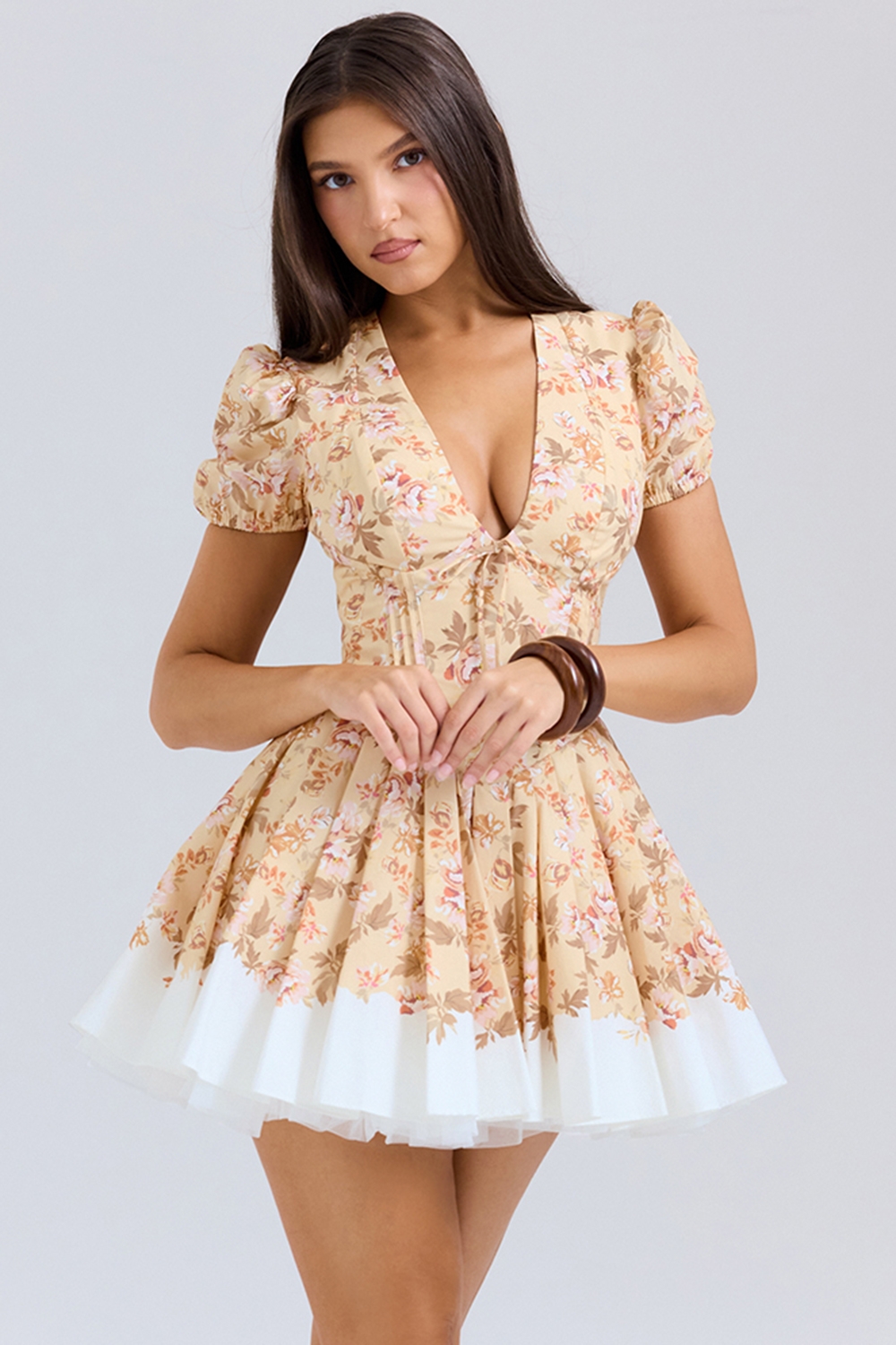 Imani-Honeyflower Print Pleated Cotton Mini Dress