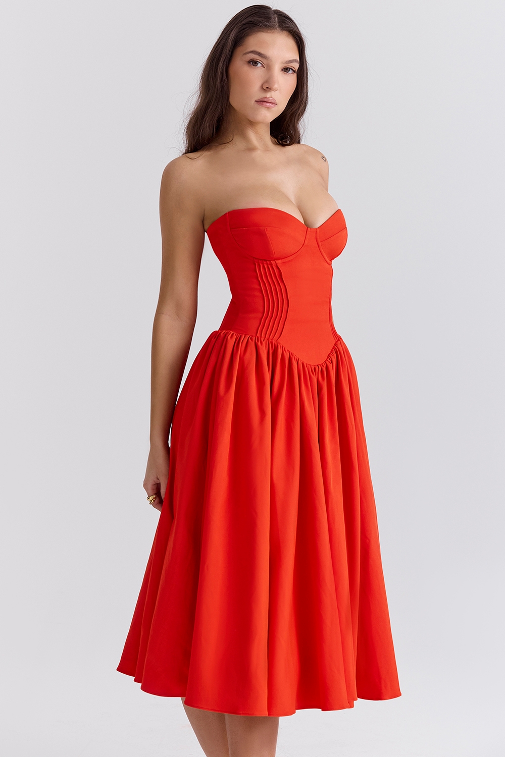 Elizabeth-Italian Tomato Strapless Midi Sundress