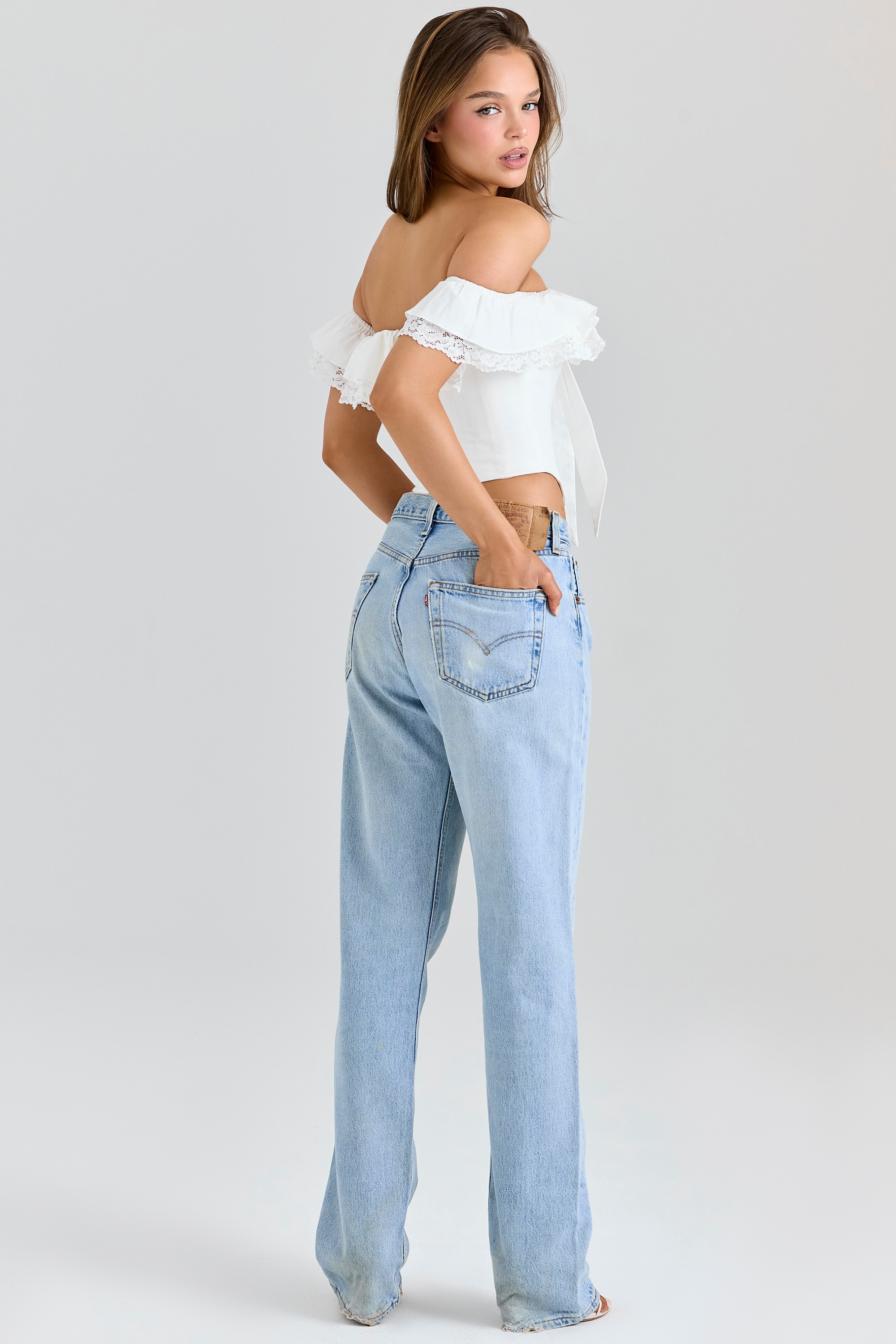 Aria-White Stretch Cotton Off-The-Shoulder Frill Corset