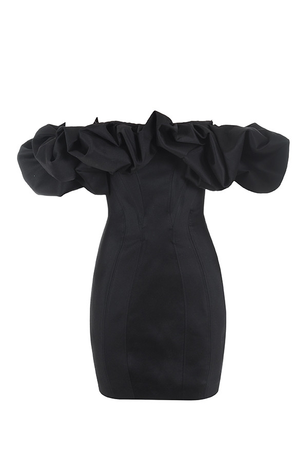Selena-Black Satin Puff Shoulder Dress