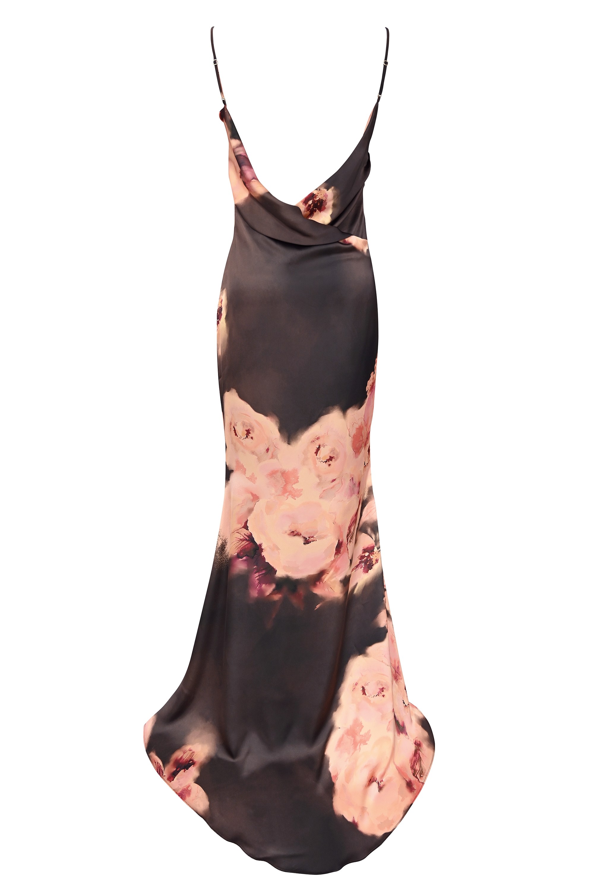 Mariamma-Dark Brown Floral Printed Satin Maxi Dress