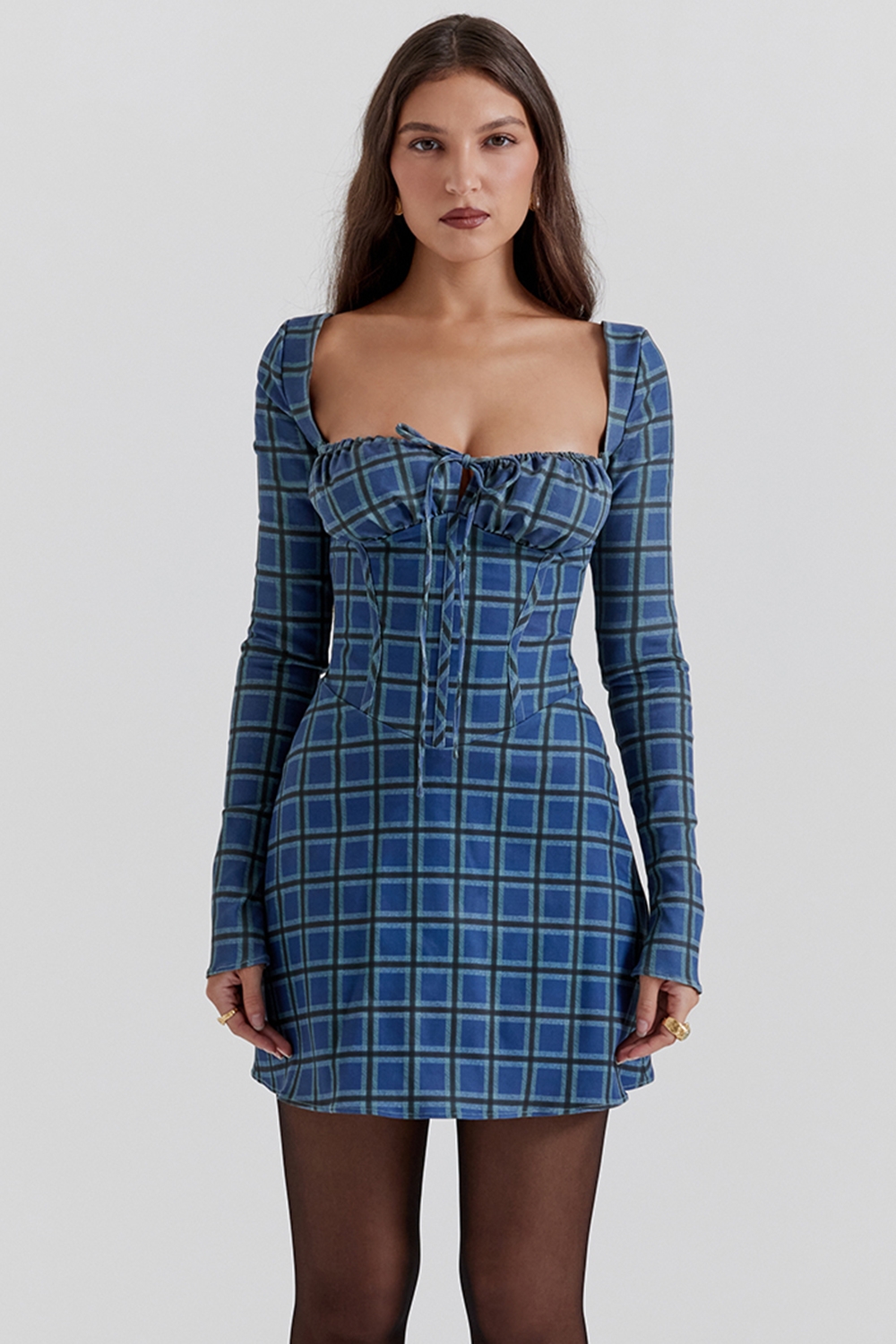 Malika-Blue Tartan Corset Mini Dress