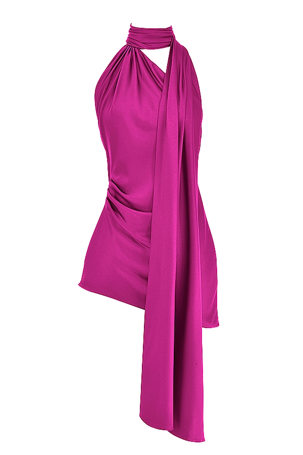 Aida-Hot Pink Asymmetric Wrap Neck Dress