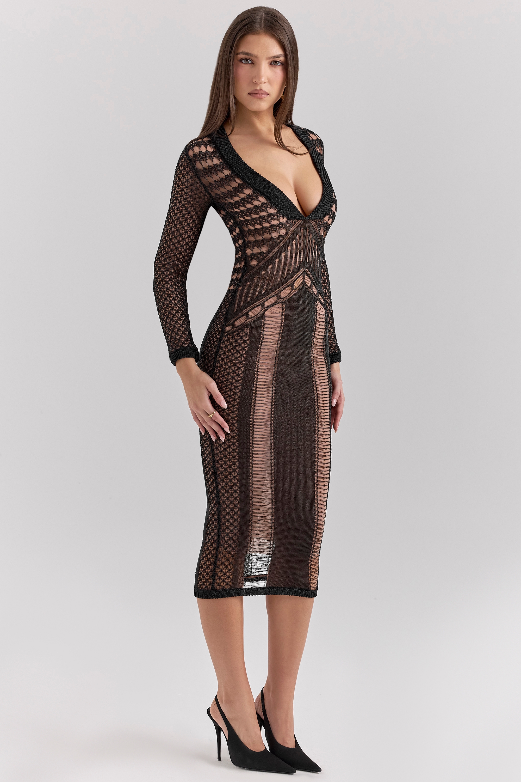 Loula-Black Plunge Open Knit Midi Dress - SALE