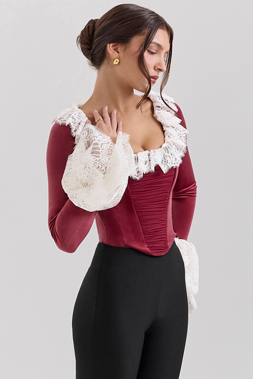 Jacinda-Cabernet Velvet Lace Trimmed Corset Top - SALE