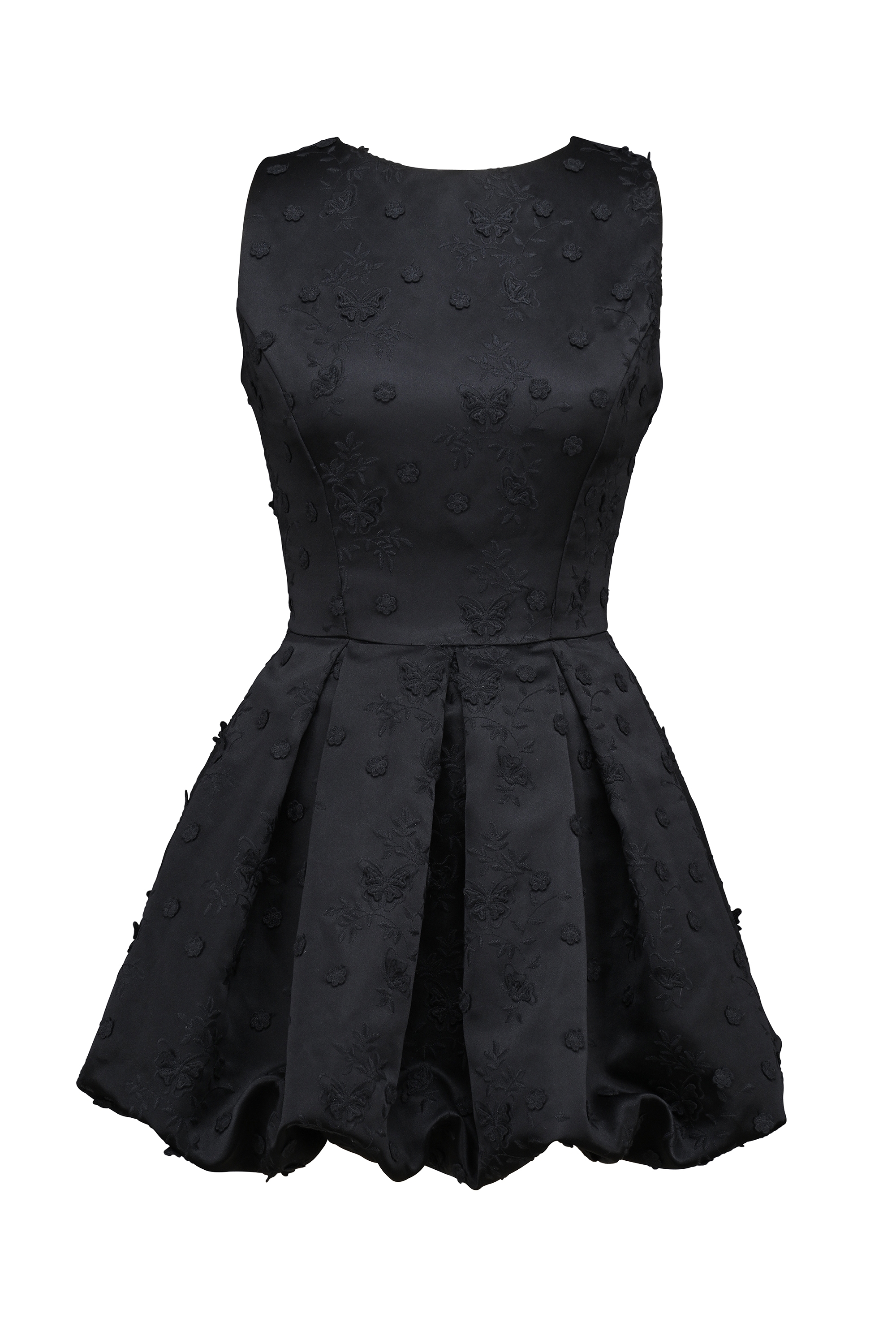 Melika-Black Backless Embroidered Mini Puffball Dress