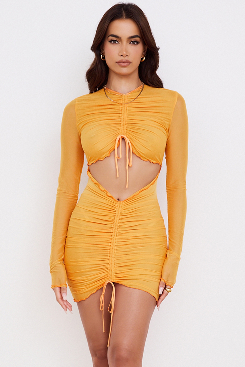 Jeanelle-Orange Ruched Mesh Long Sleeve Cutout Mini Dress