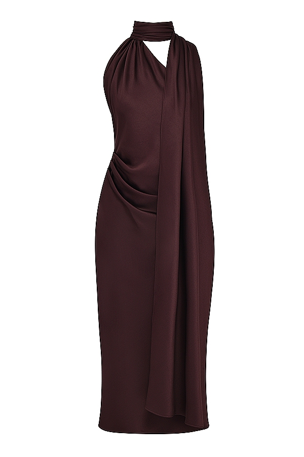 Angelina-Chocolate Wrap Neck Midi Dress