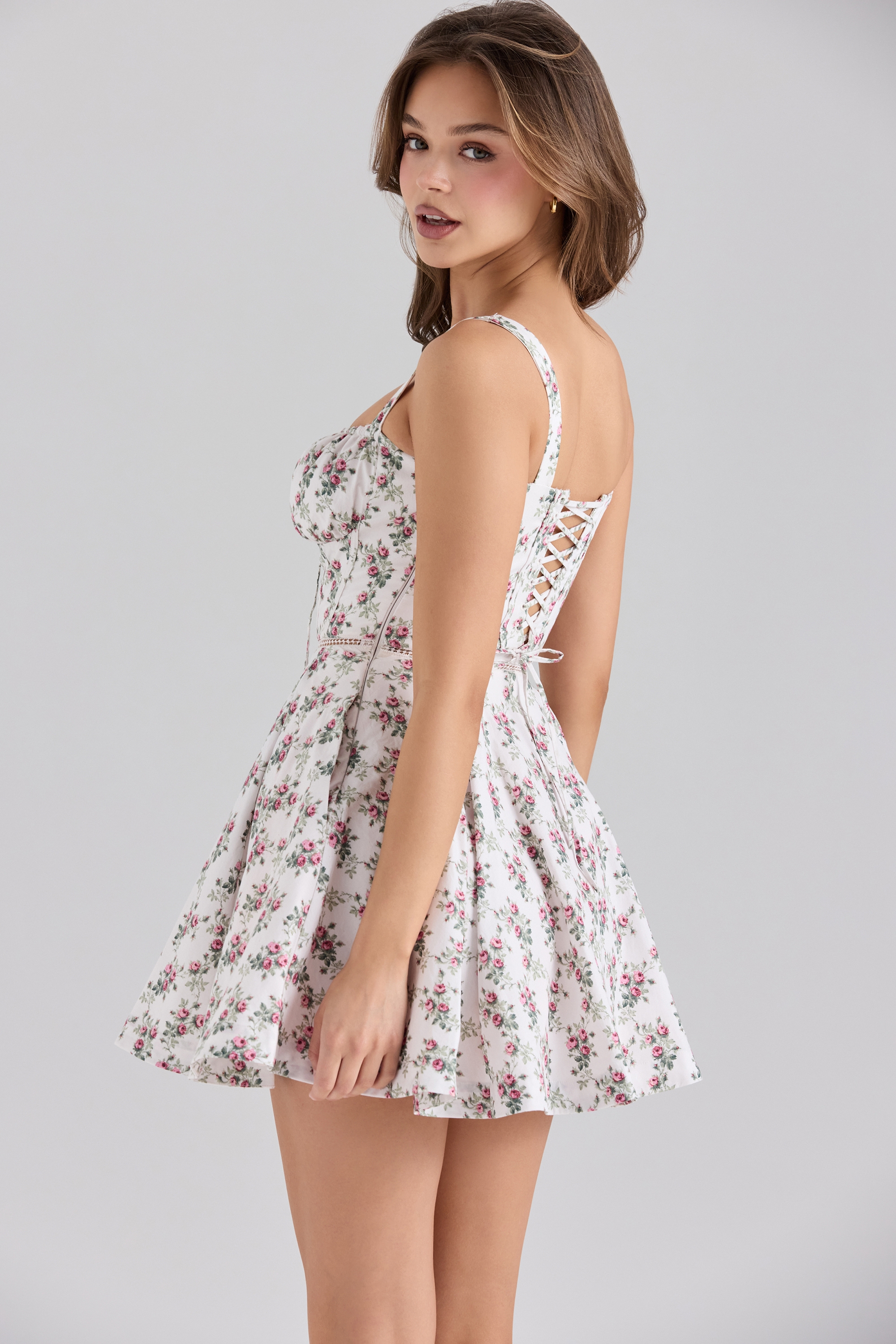 Calia-Cream Rose Print Stretch Cotton Mini Dress