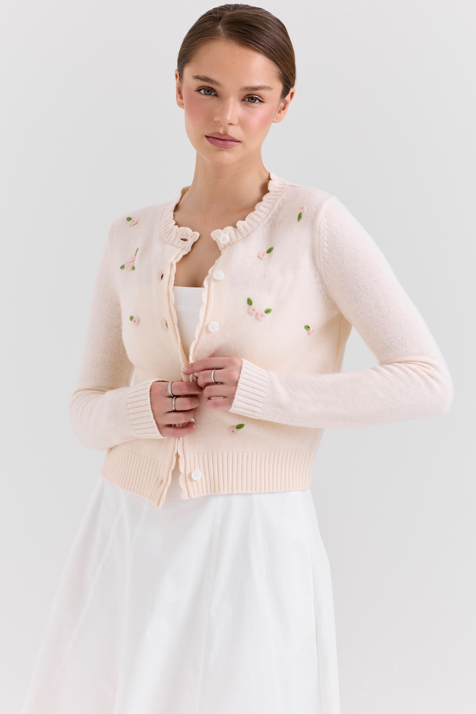 Anjou-Cream Lambswool Rose Embroidered Cardigan