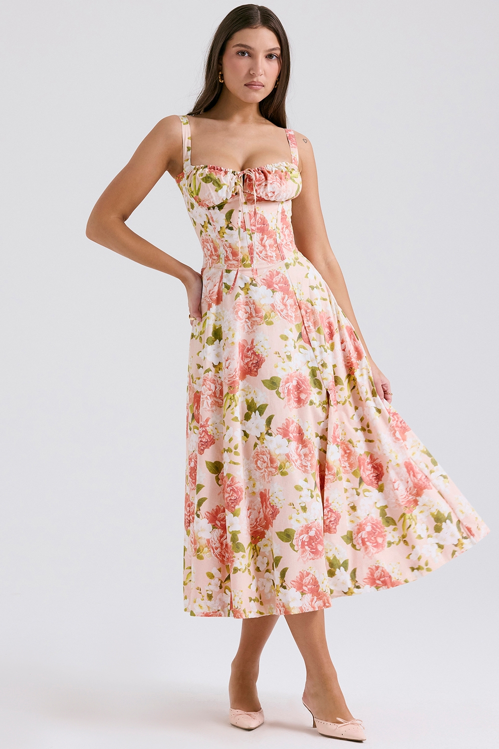 Carmen-Pink Peony Print Cotton Bustier Sundress