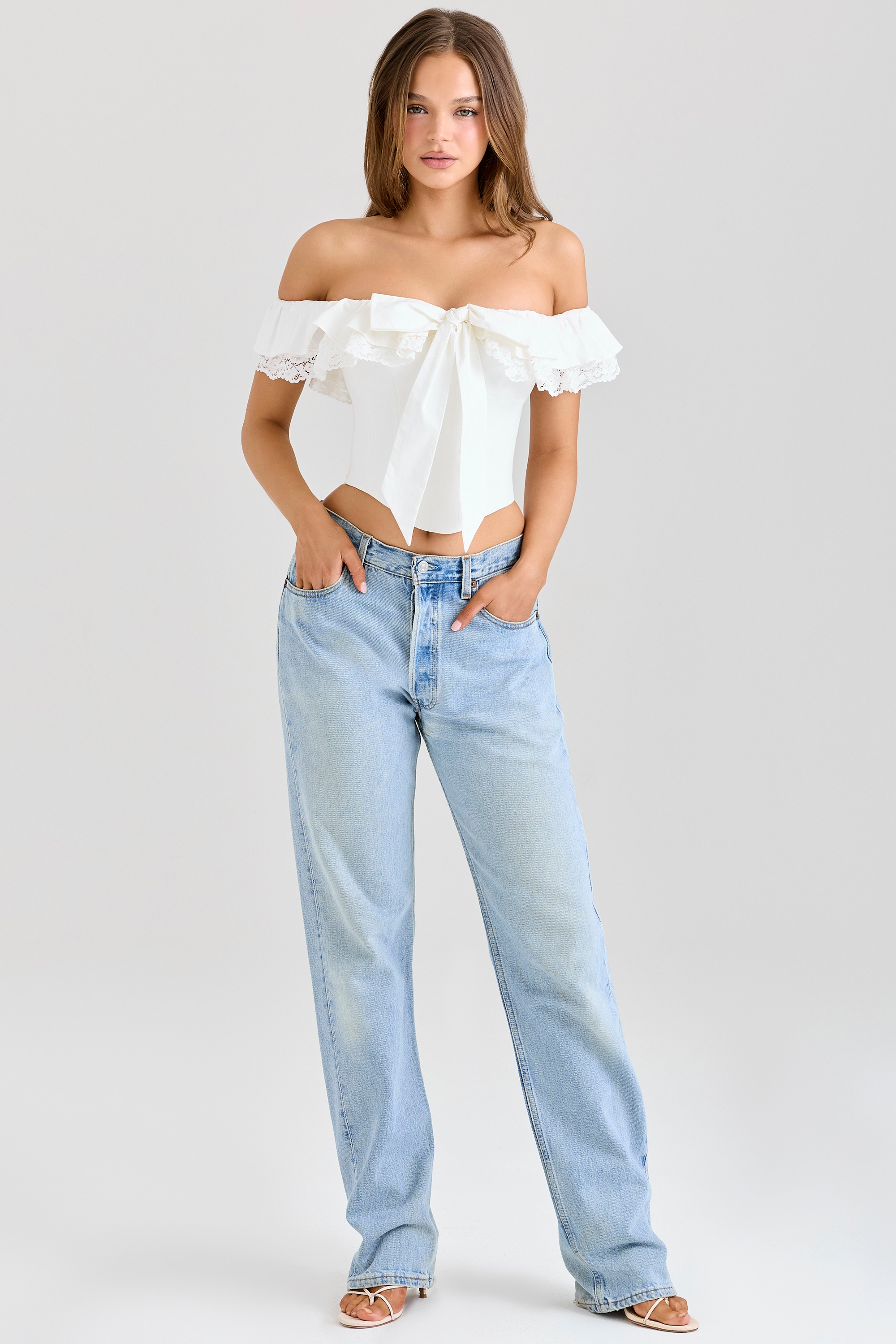 Aria-White Stretch Cotton Off-The-Shoulder Frill Corset