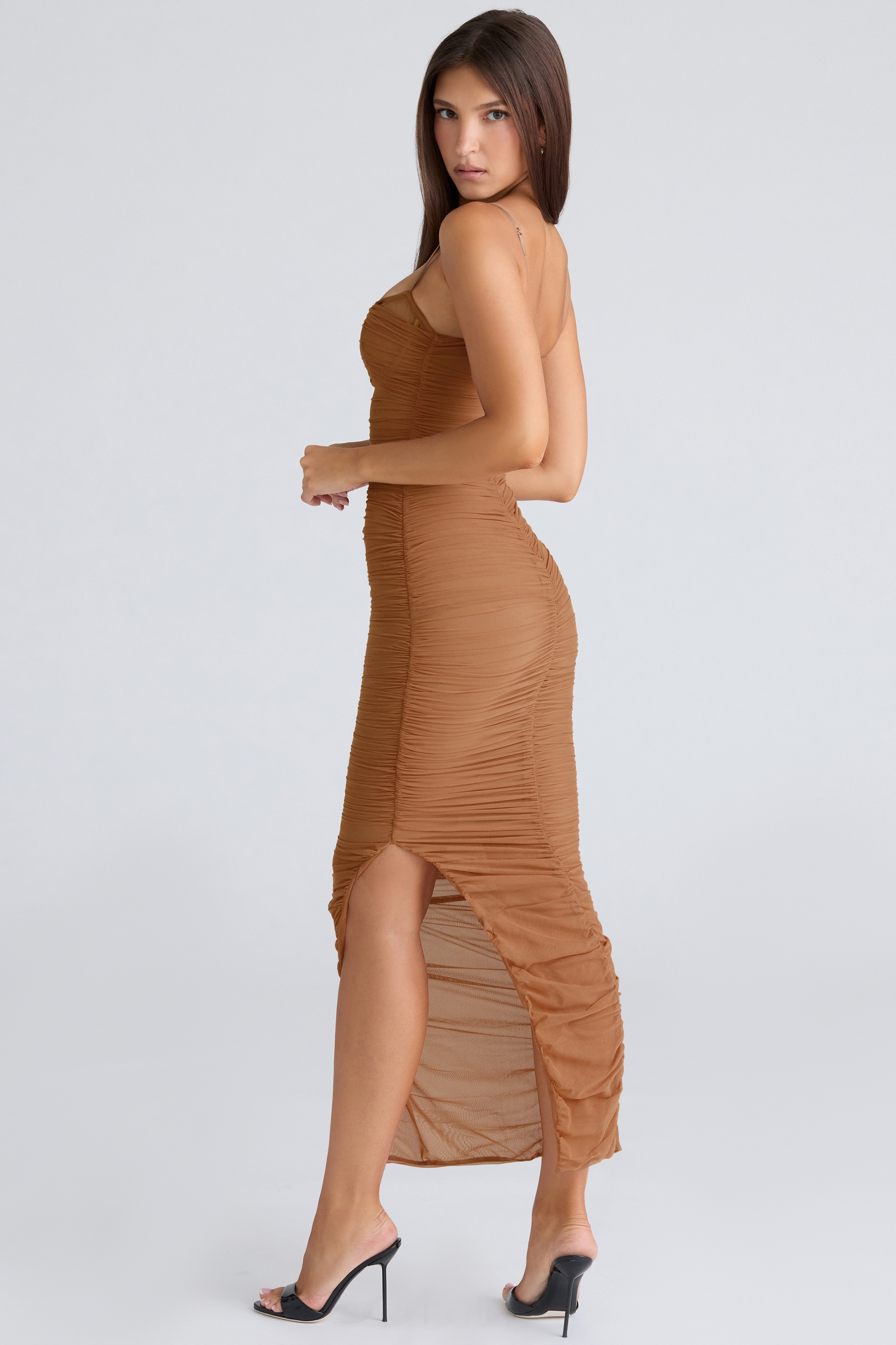 Fornarina-Tan Gathered Stretch Mesh Maxi Dress