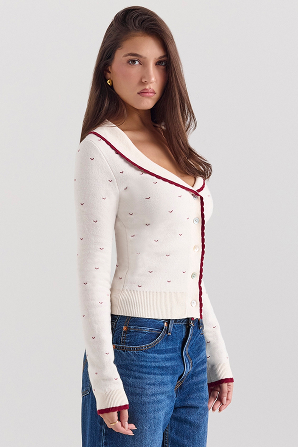 Marla-Ivory Cashmere Blend Trimmed Cardigan