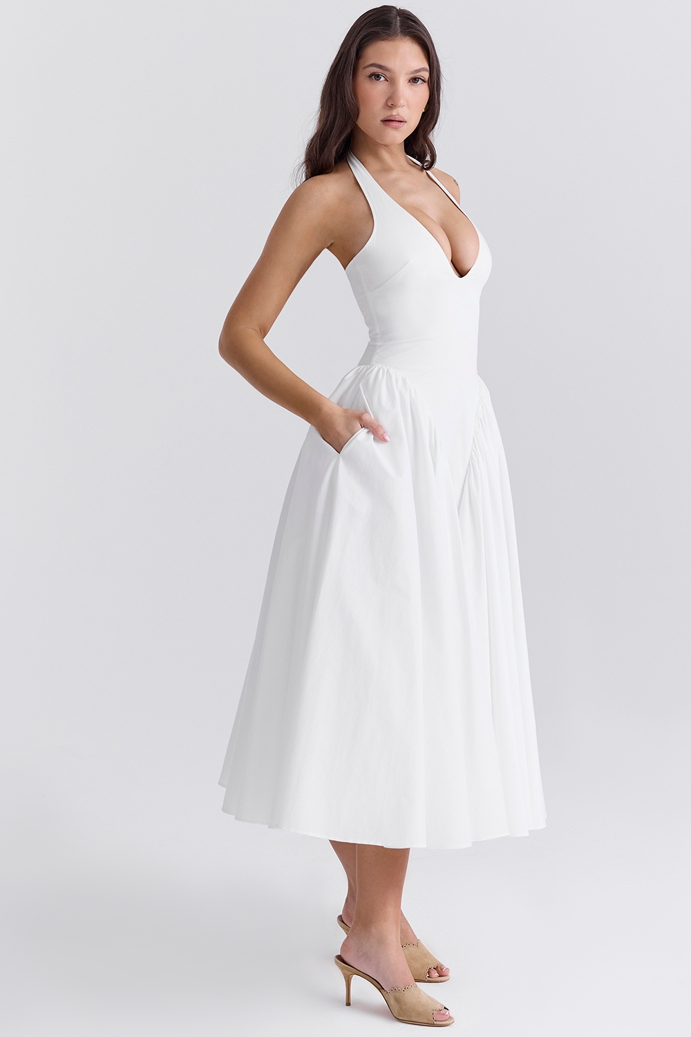 Marilyn-White Cotton Halter Midi Sundress