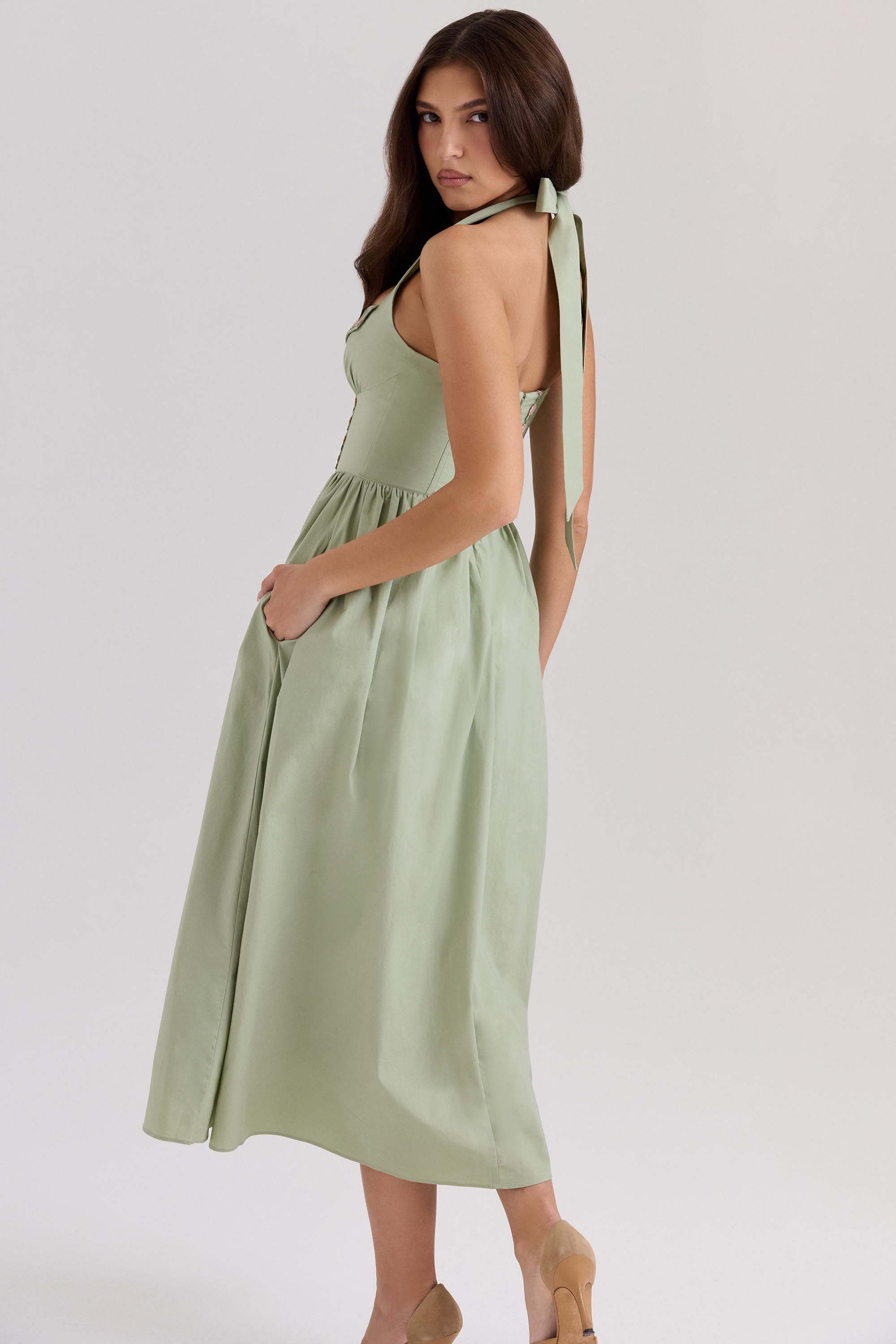Emilia-Sage Stretch Cotton Halter Neck Midi Dress