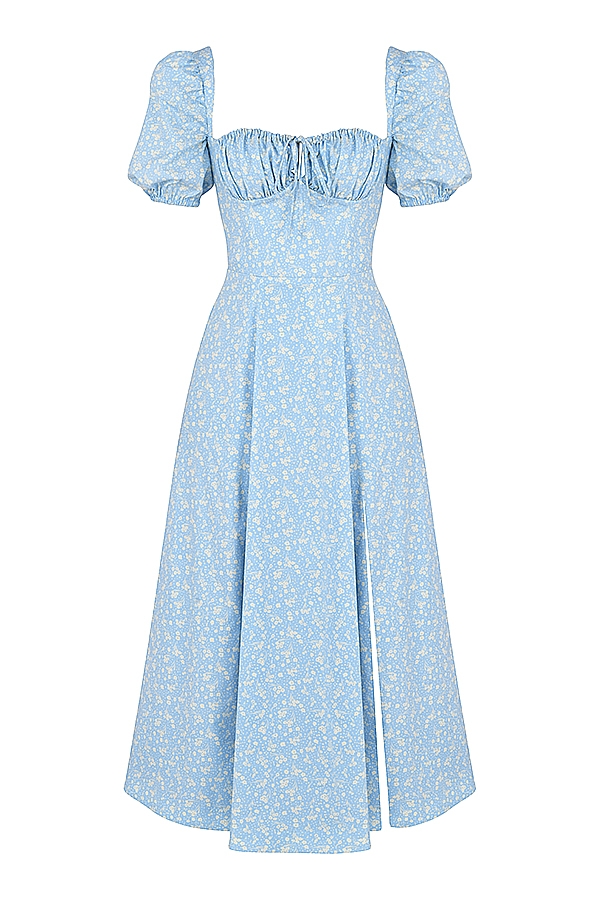 Tallulah-Blue Ivory Floral Puff Sleeve Midi Dress