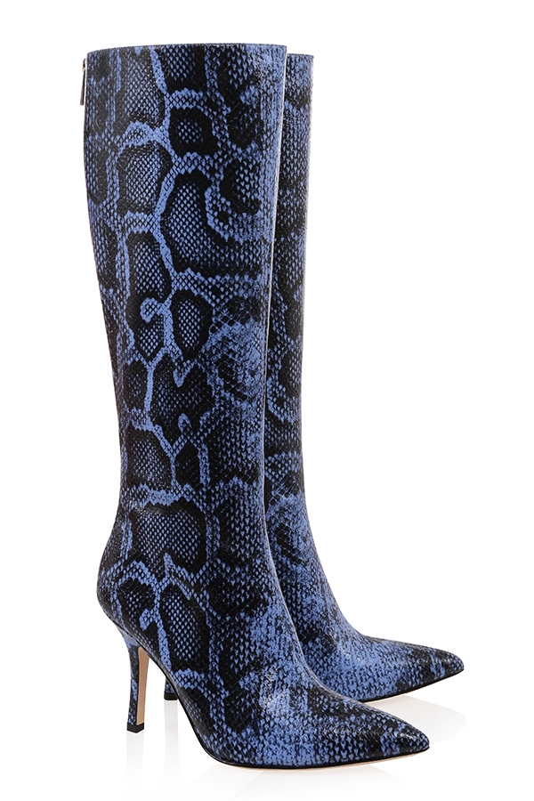 Royale-Blue Print Leather Knee High Boots - SALE