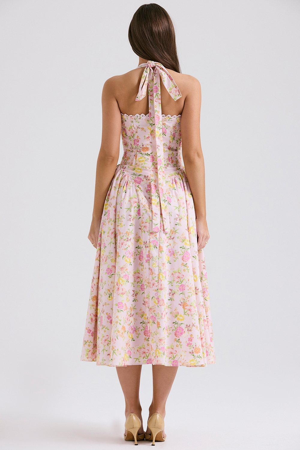 Adabella-Pink Meadow Print Cotton Halter Midi Sundress