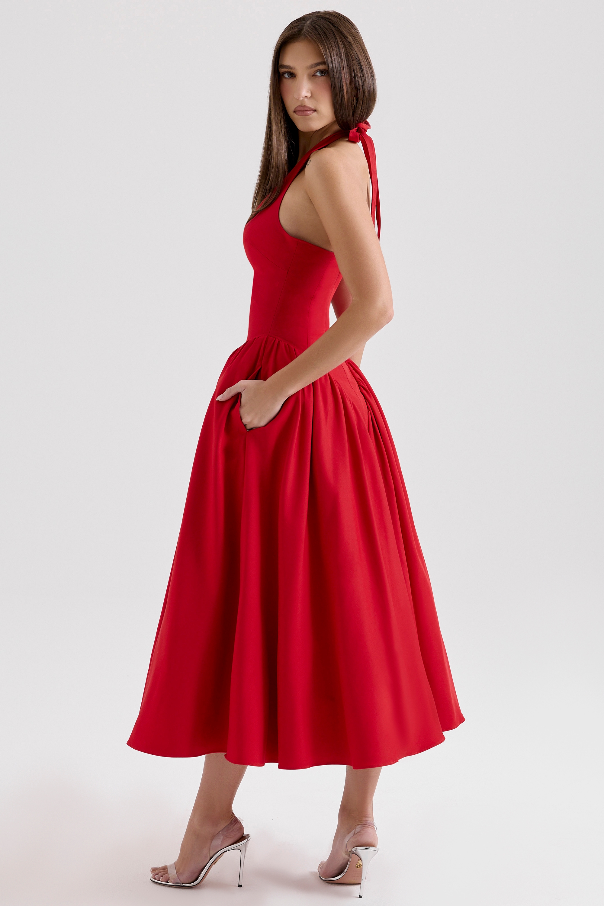 Marilyn-Red Twill Halter Midi Dress