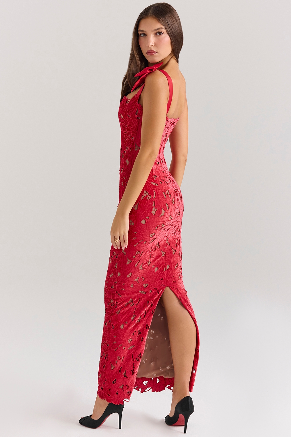 Tiff-Holly Red Velvet Lace Maxi Dress