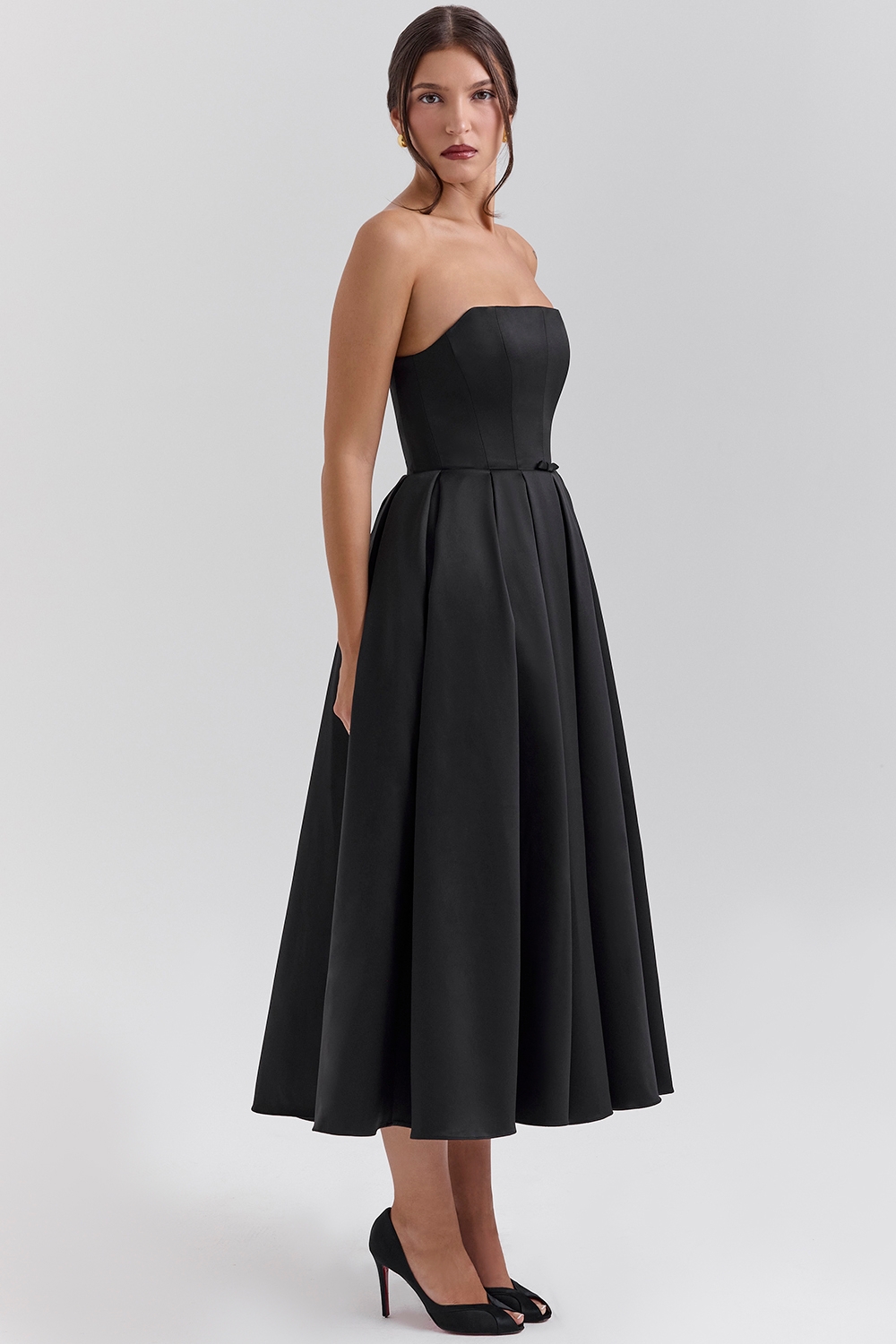 Contessa-Black Strapless Satin Corset Midi Dress - SALE