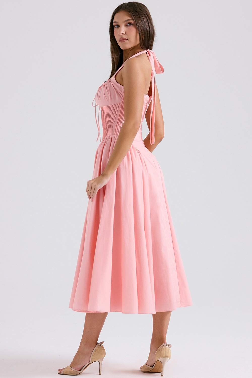 Adabella-Rose Pink Cotton Halter Midi Sundress