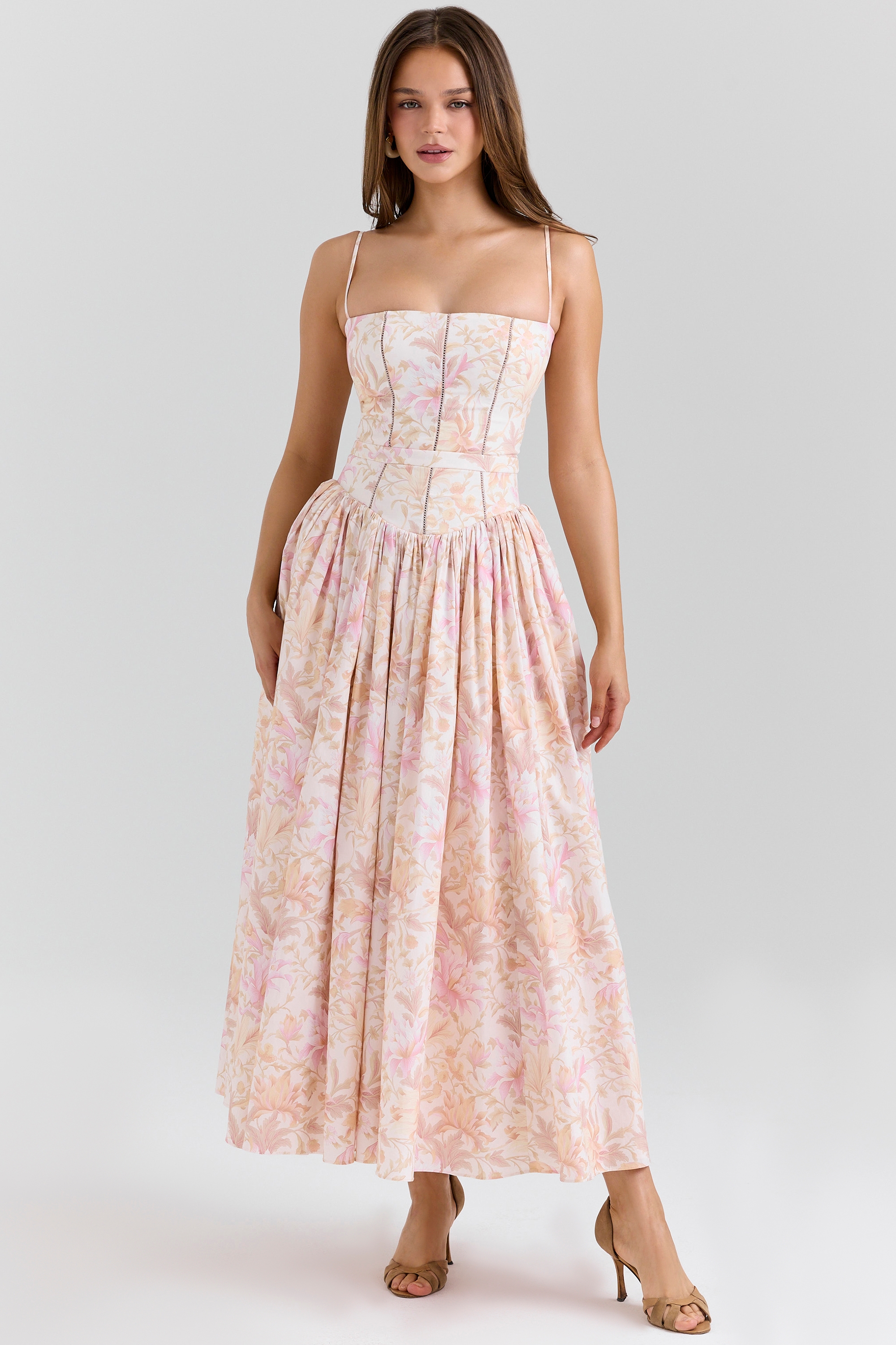Ysabella-Peach Floral Print Stretch Cotton Midi Sundress