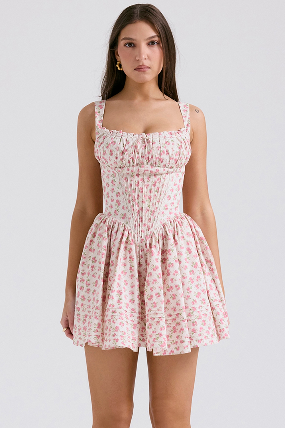 Natassia-White Rosebud Print Cotton Mini Dress