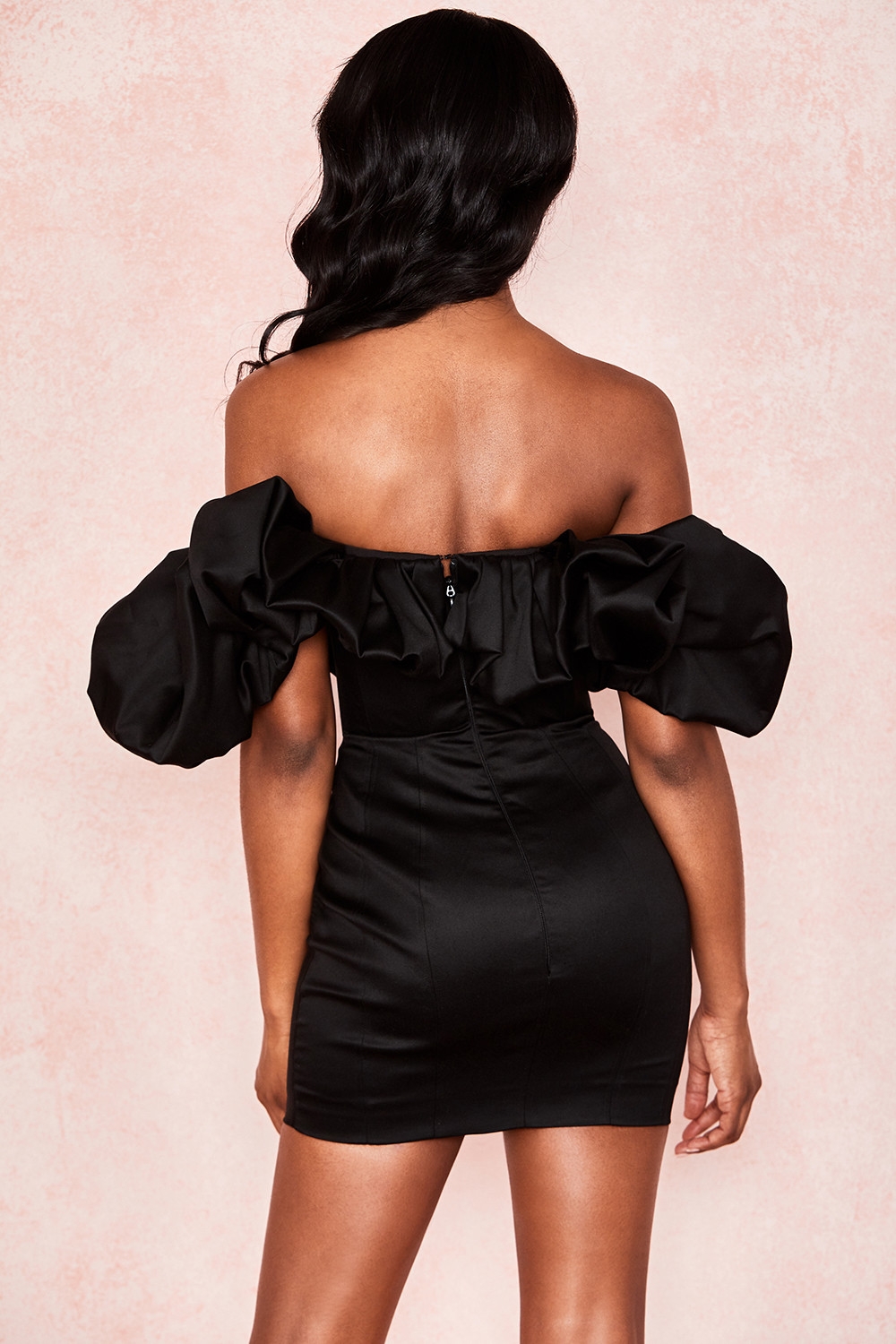 Selena-Black Satin Puff Shoulder Dress