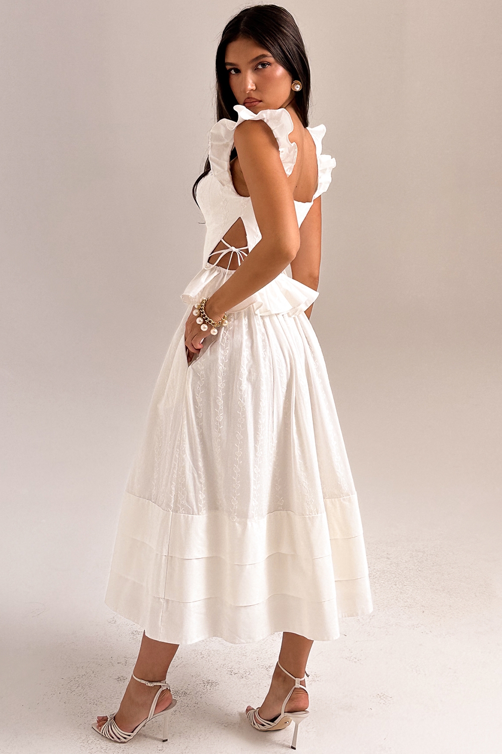 Augustine-White Embroidered Cotton Midi Skirt