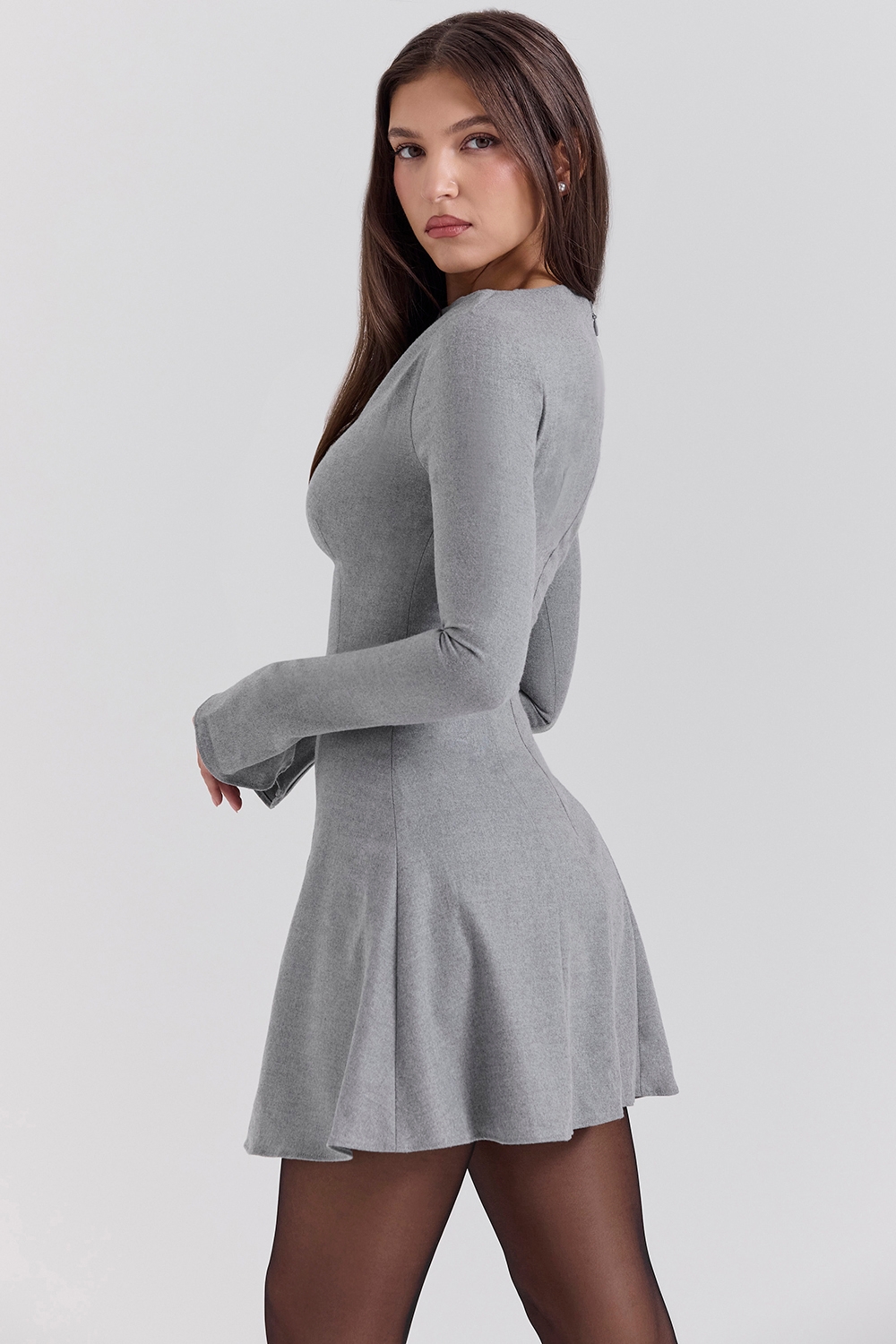 Angelique-Grey A-Line Long Sleeve Mini  Dress - SALE