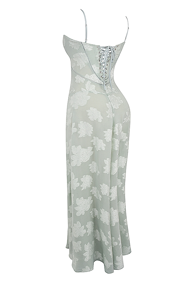Seren-Pistachio Floral Lace Back Maxi Dress