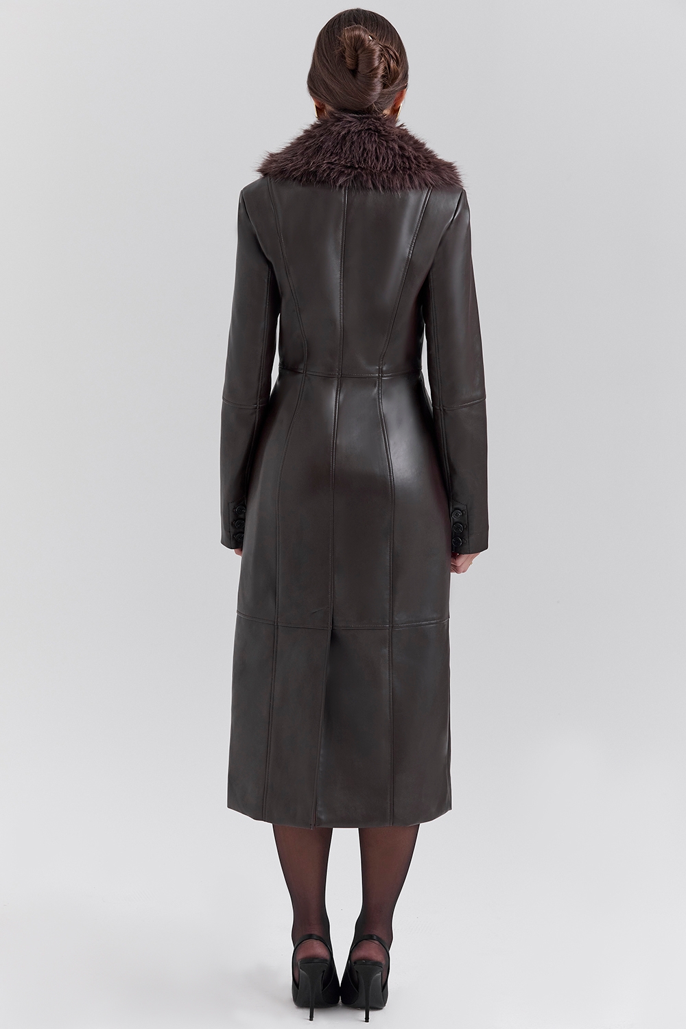 Marcel-Brown Faux Fur Trimmed Vegan Leather Coat