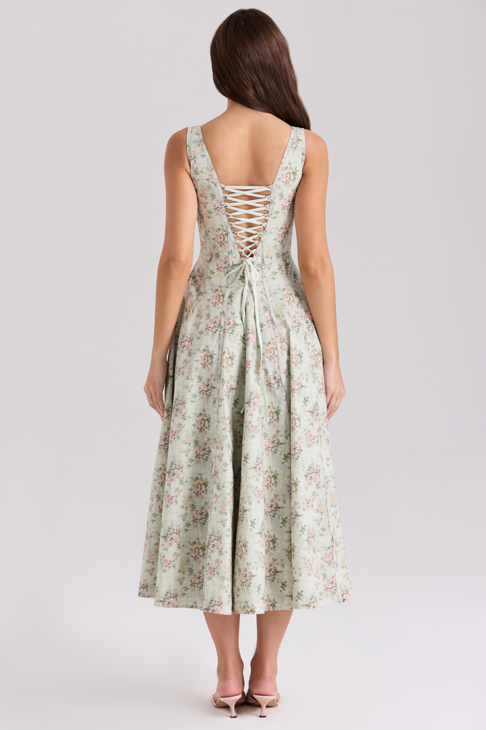 Mariabella-Sage Floral Print Cotton Midi Dress