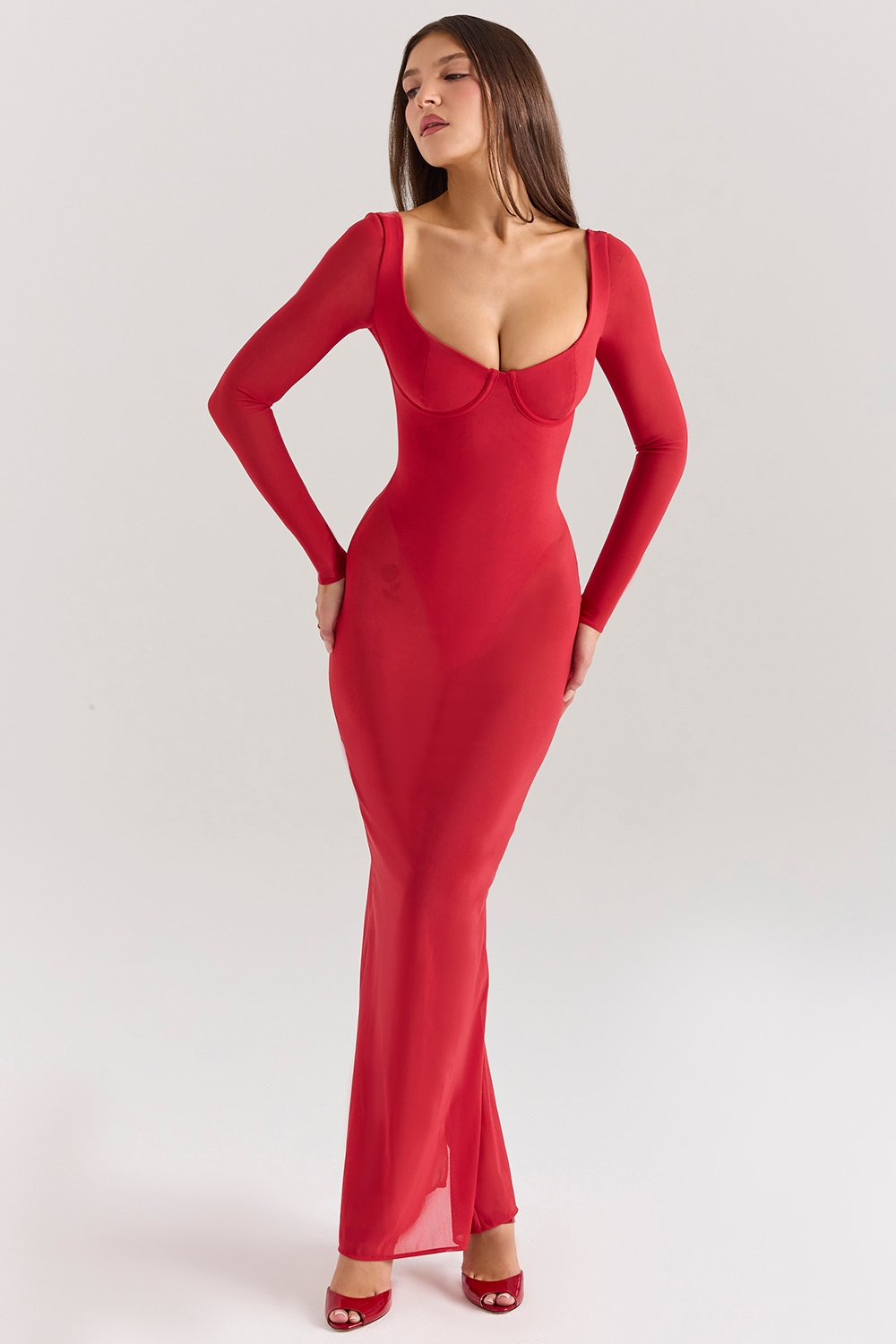 Everly-Holly Red Mesh Maxi Dress with Bodysuit