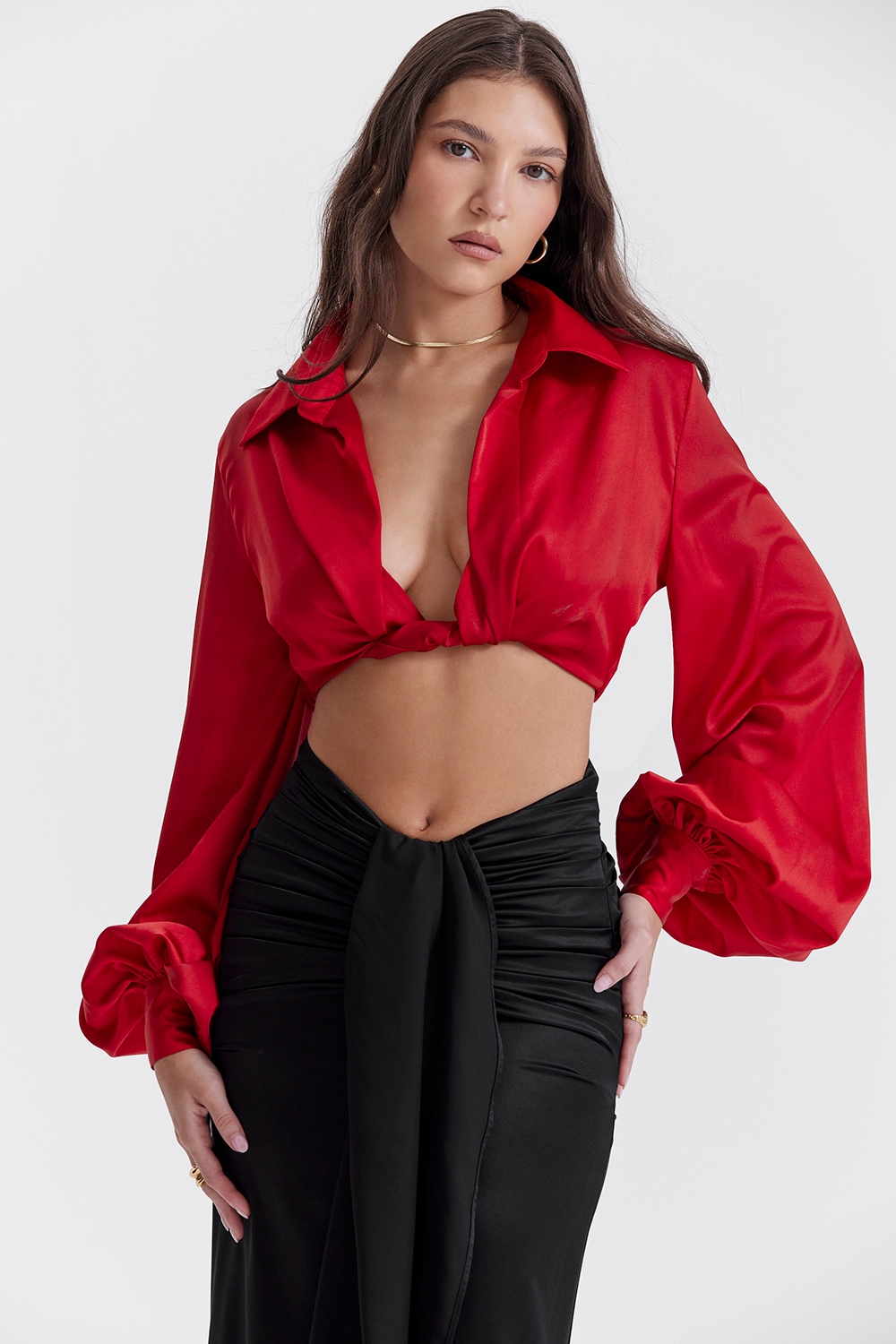 Laraine-Cherry Silk Blouson Top
