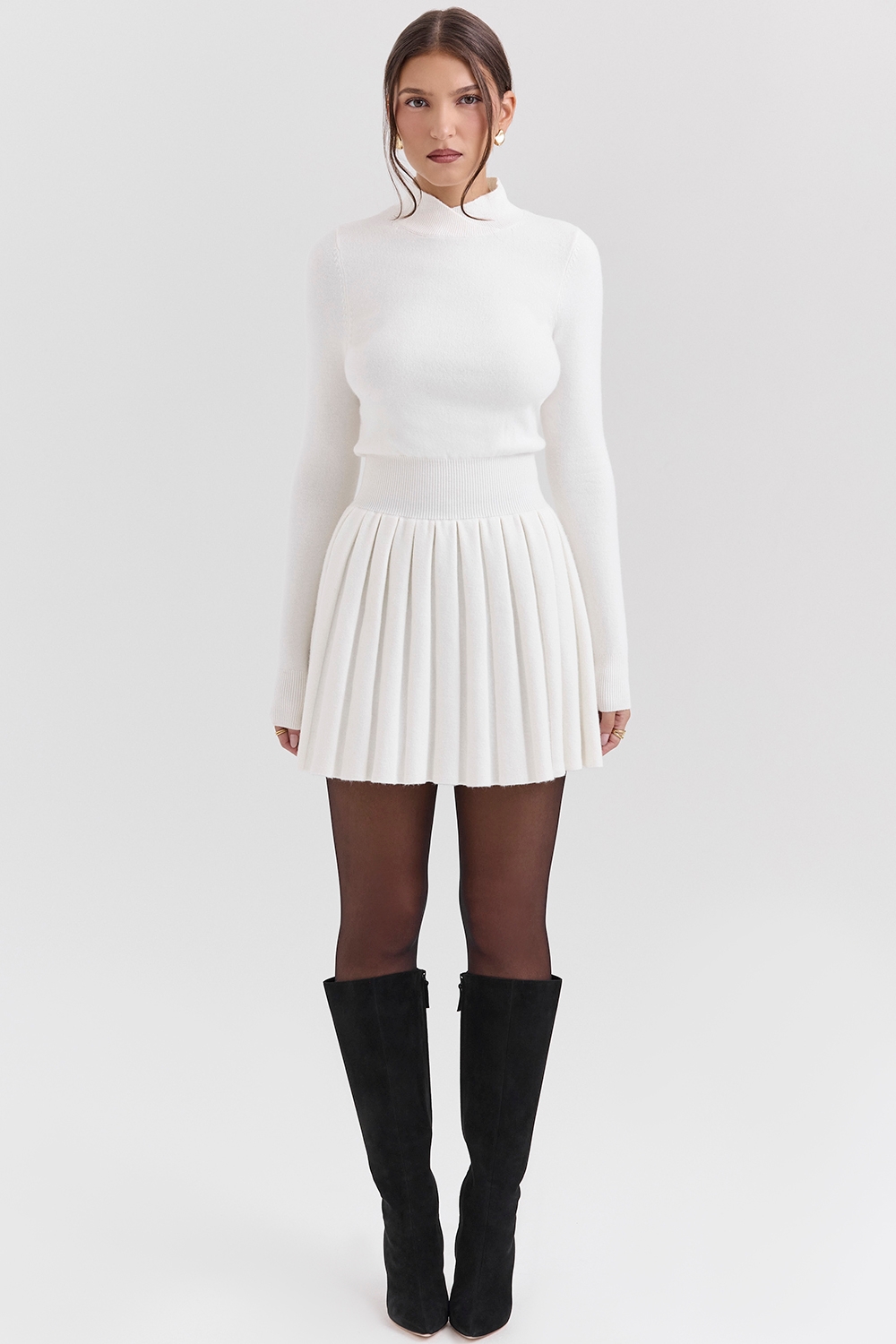 Willow-White Cashmere Blend Pleated Skated Mini Dress