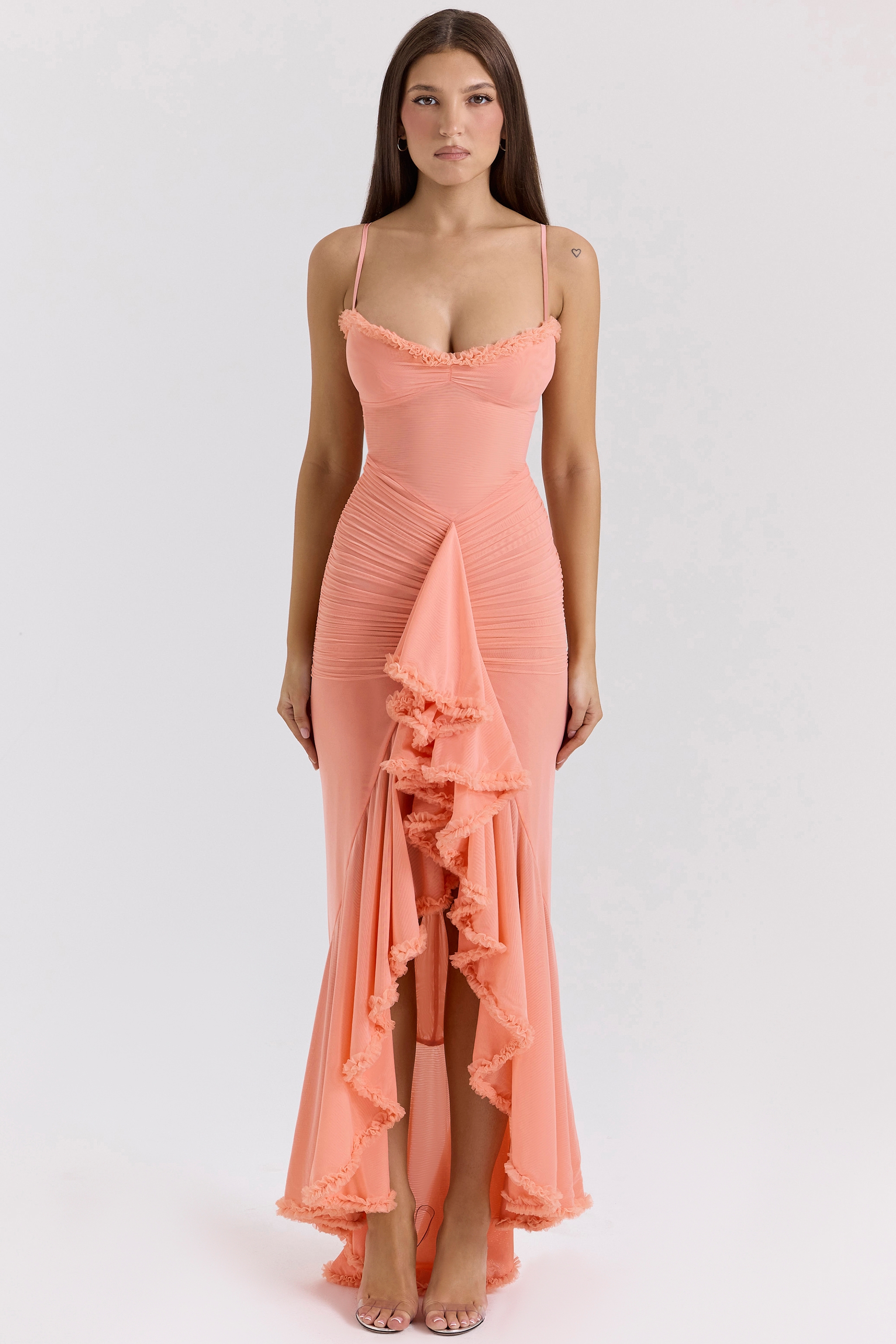 Gabbi-Peach Mesh Ruffled Front Gown