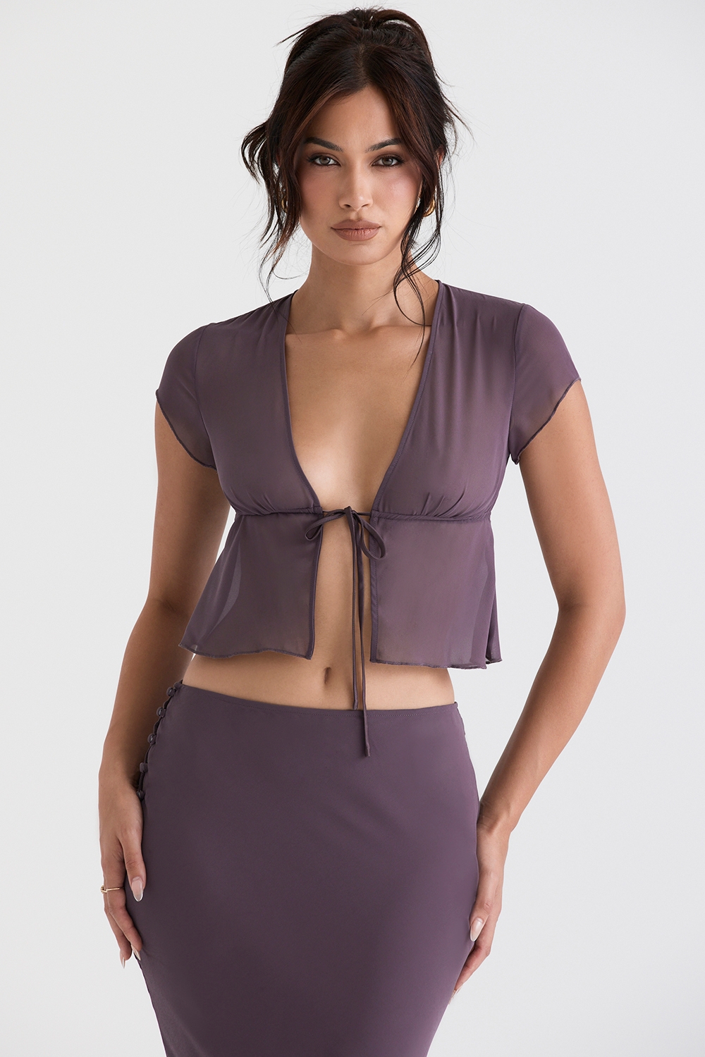 Maia-Dark Mauve Tie Front Top