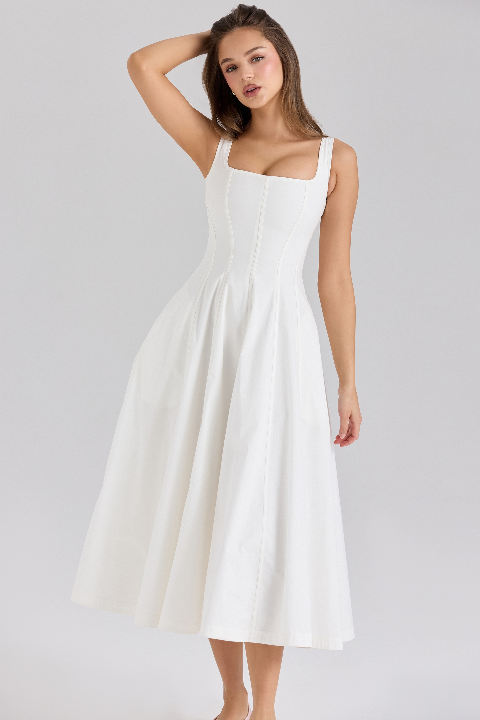 Mariabella-White Stretch Cotton Midi Sundress