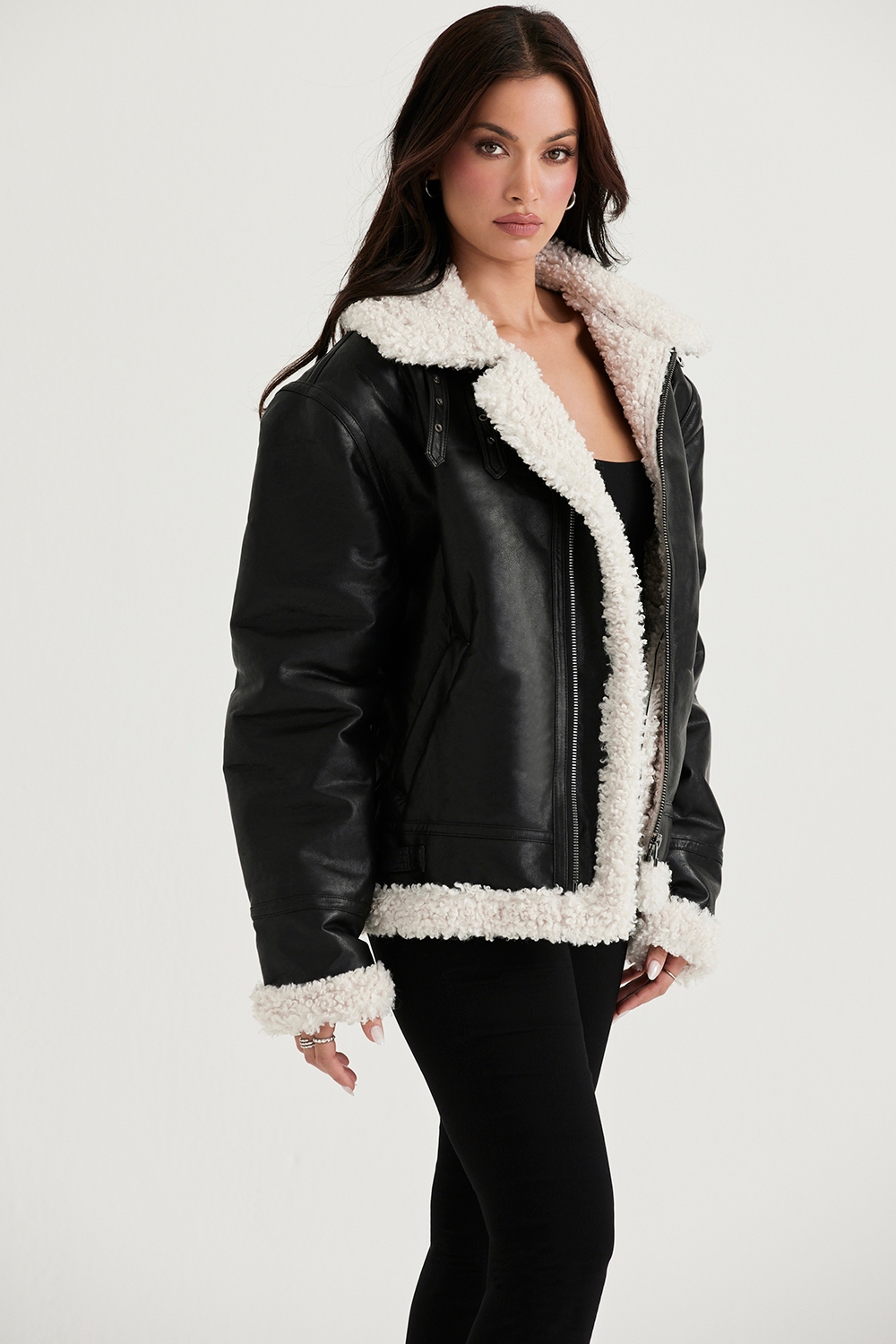 Madden-Black Vegan Shearling Aviator Jacket