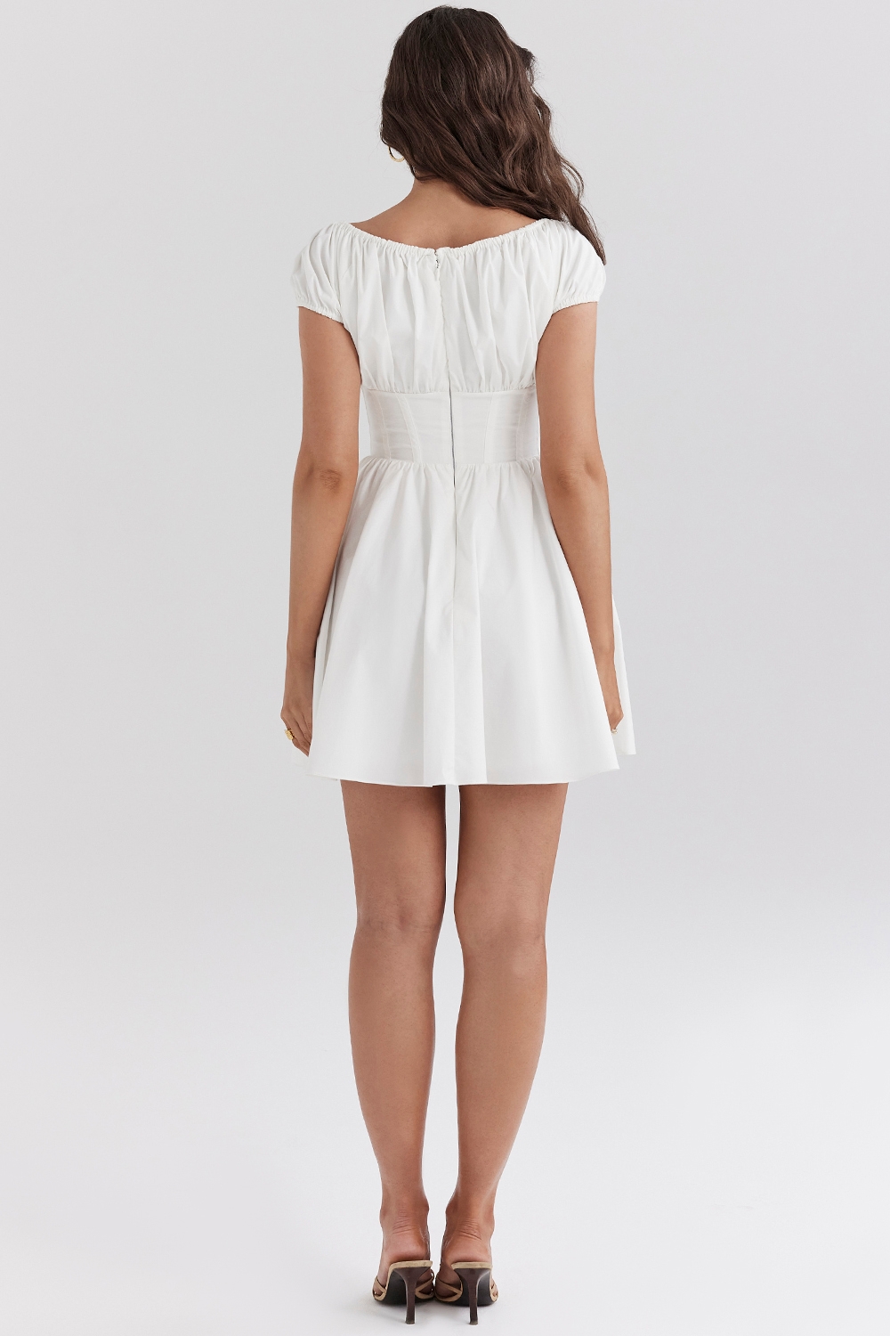 Nala-White Cotton Gathered Mini Dress