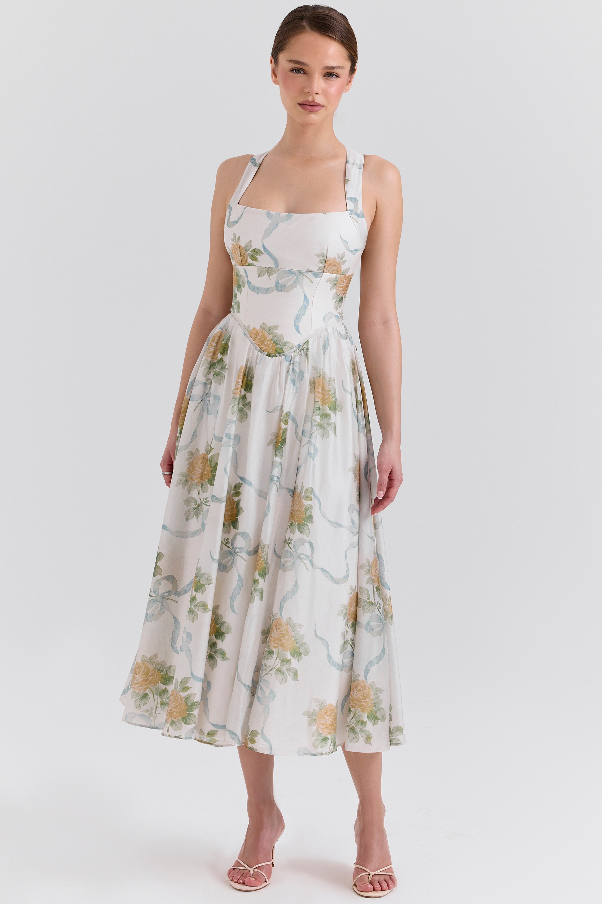 Minerva-Soft Blue Vintage Ribbon Print Chiffon Midi Dress