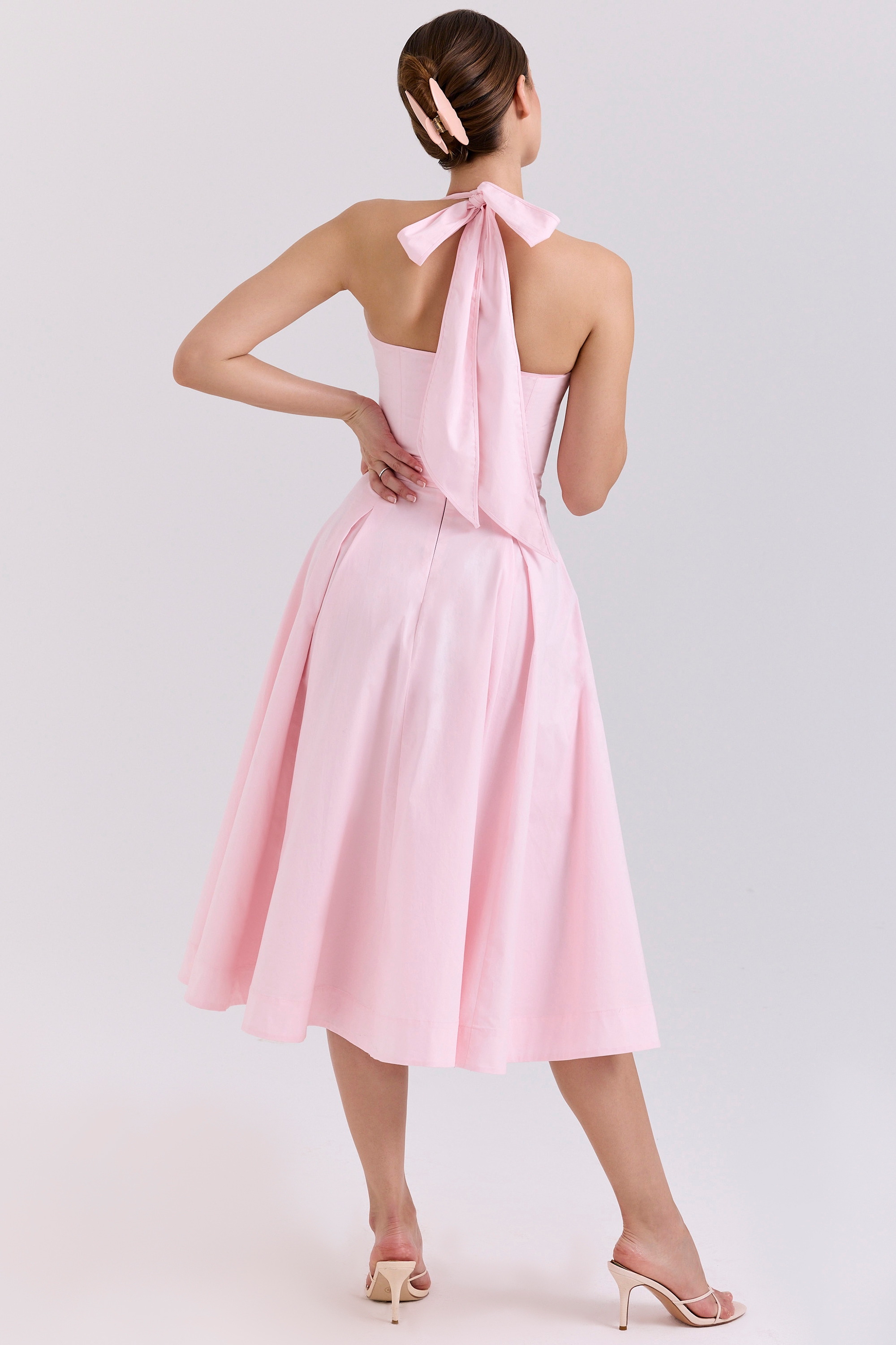 Allena-Pink Stretch Cotton Halter Midi Sundress