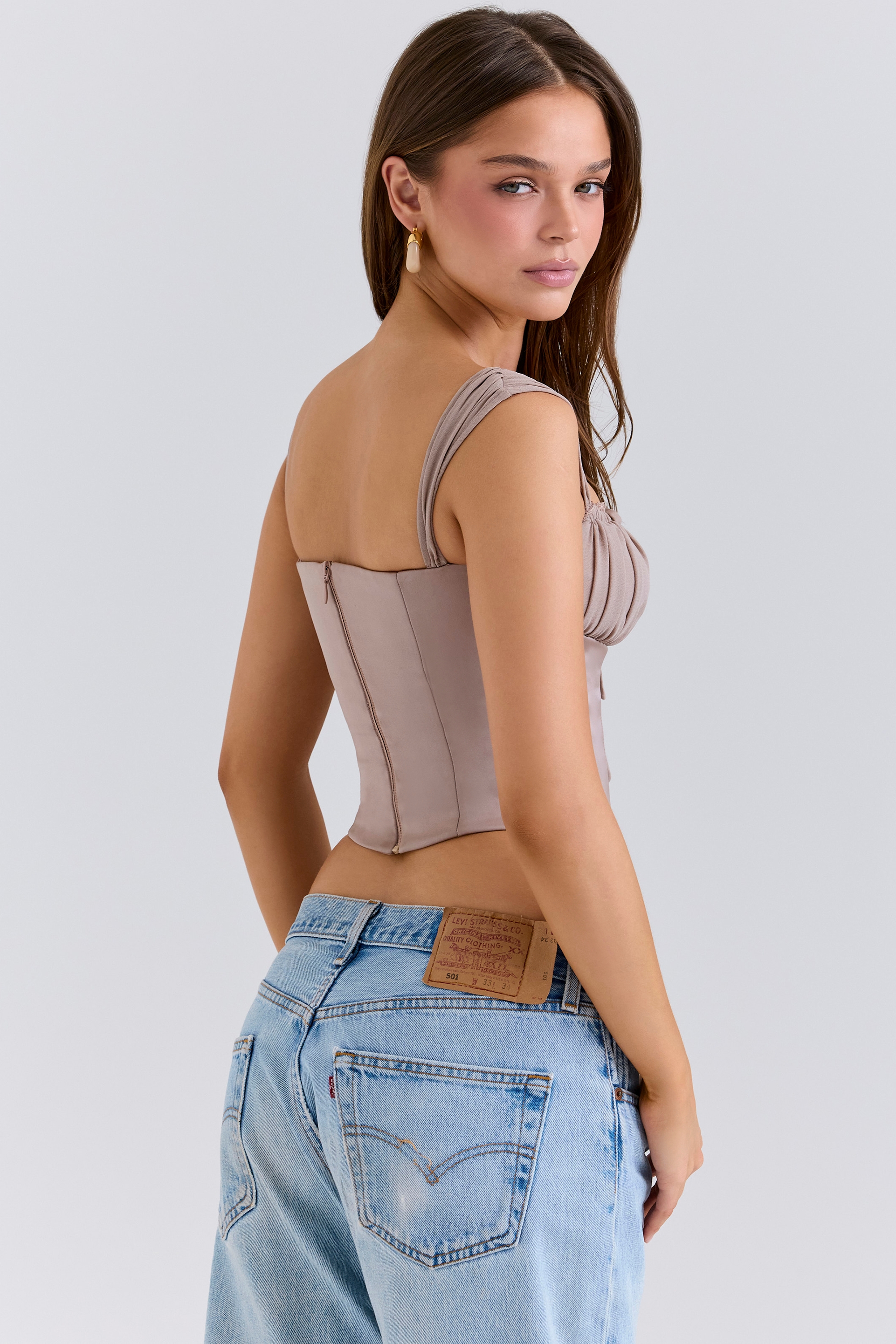 Anja-Mocha Georgette Cap Sleeve Corset Top