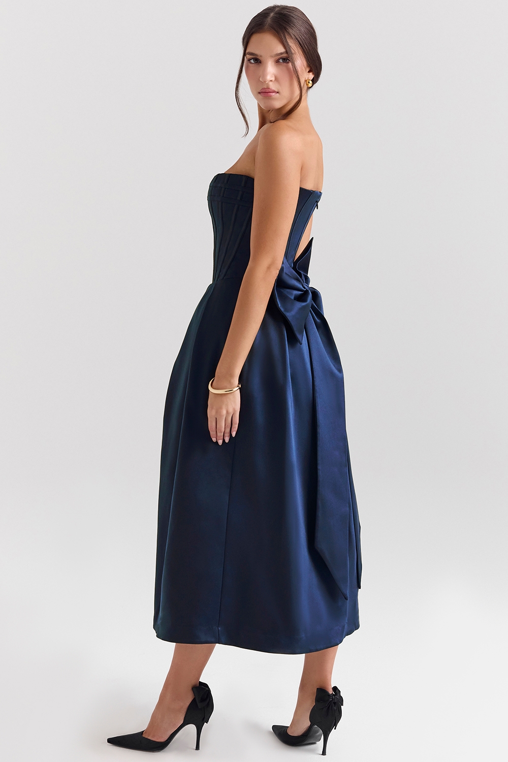 Bellina-Midnight Blue Strapless Detachable Bow Midi Dress