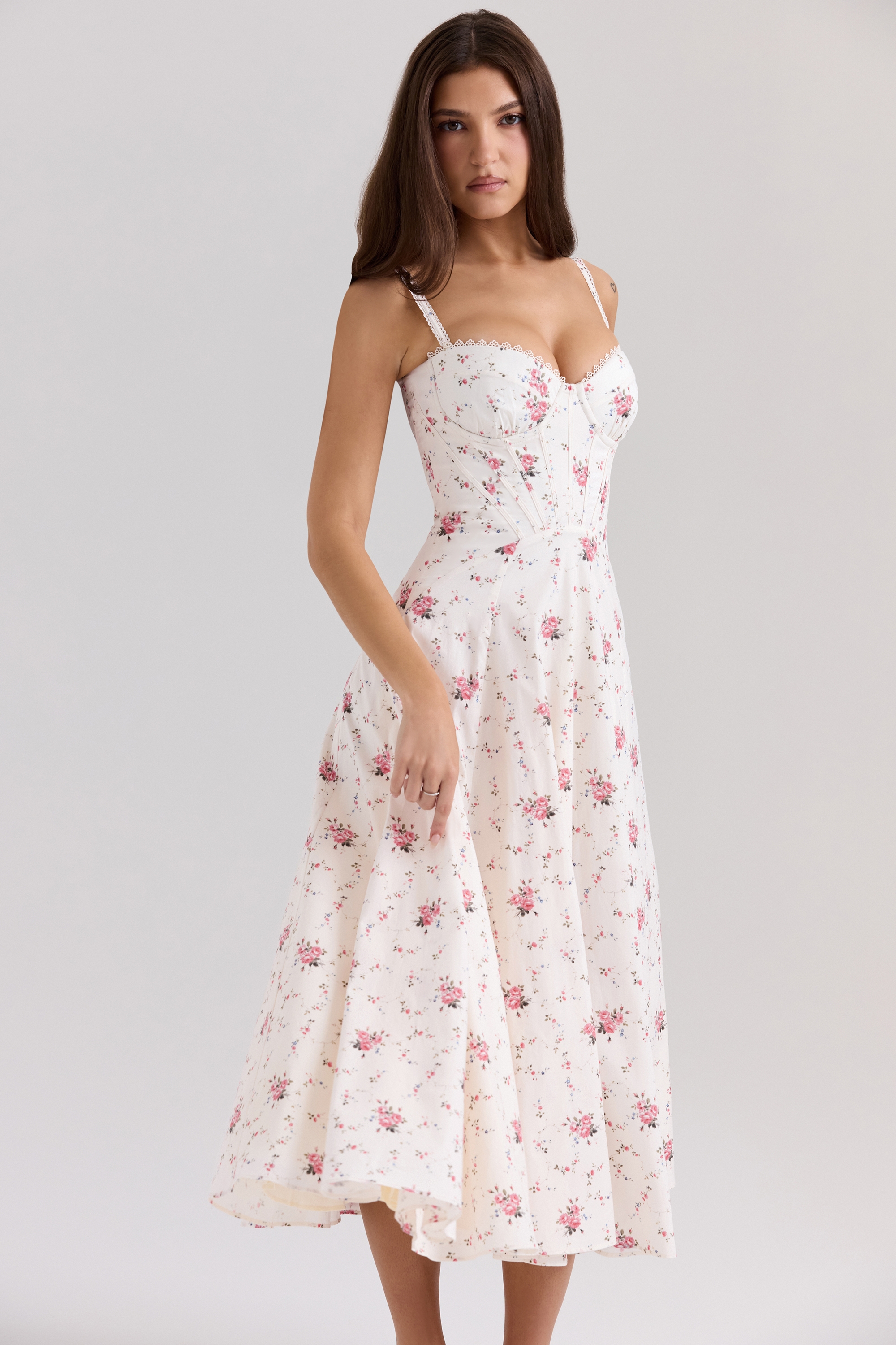 Steffani-White Stretch Cotton Rose Print Midi Sundress