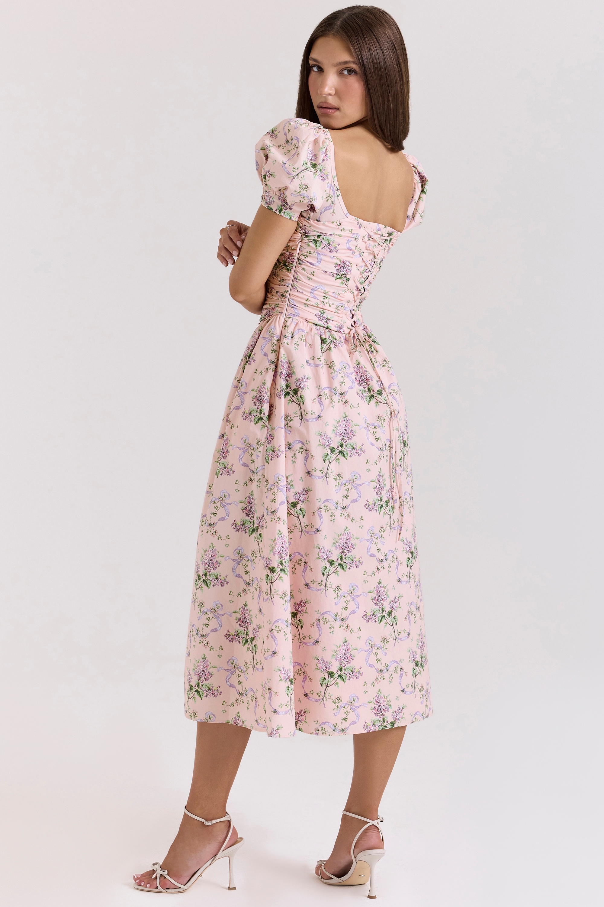 Lulabell-Pink Ribbon Print Cotton Midi Dress