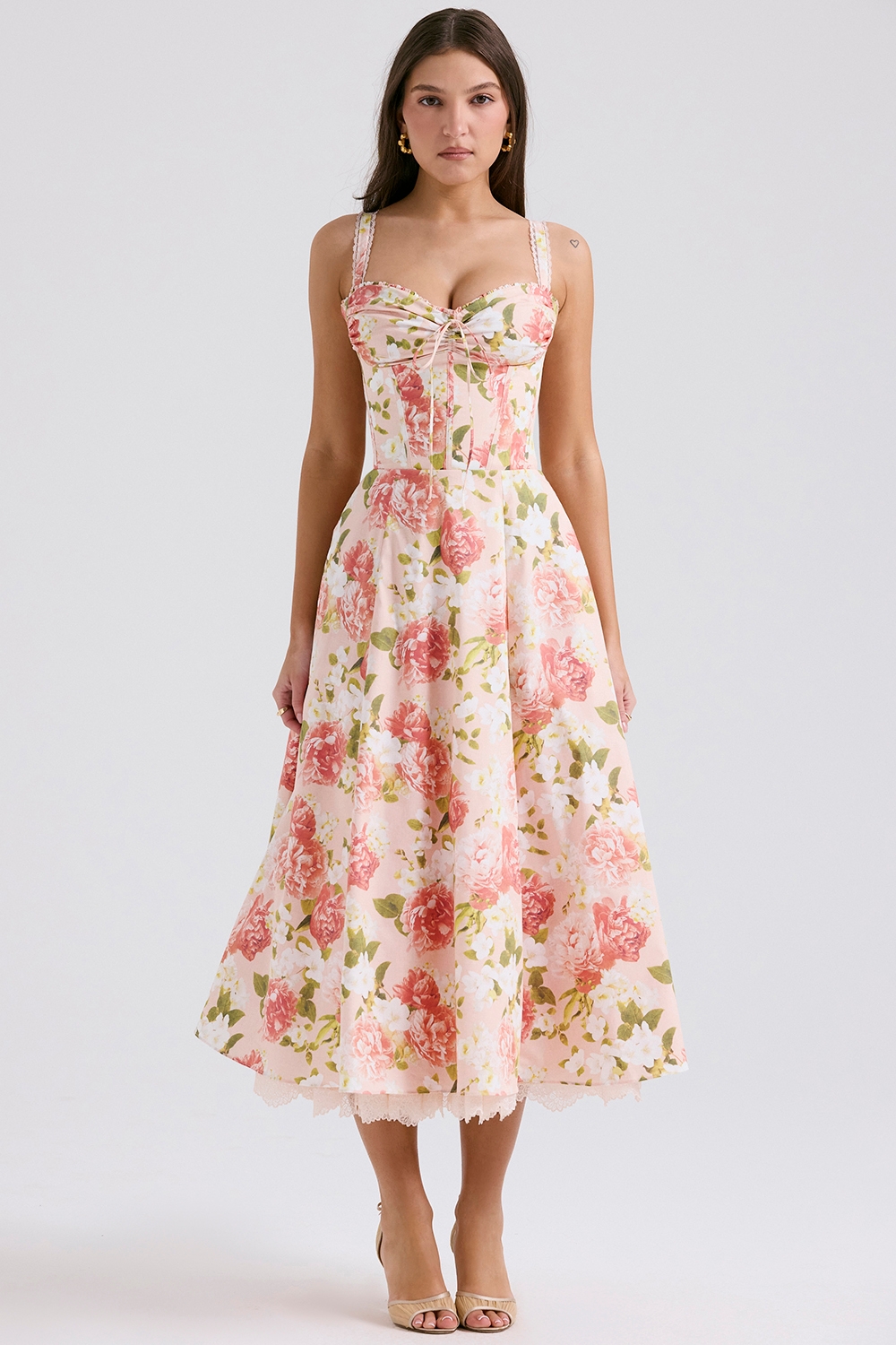 Rosalee-Pink Peony Print Cotton Bustier Sundress